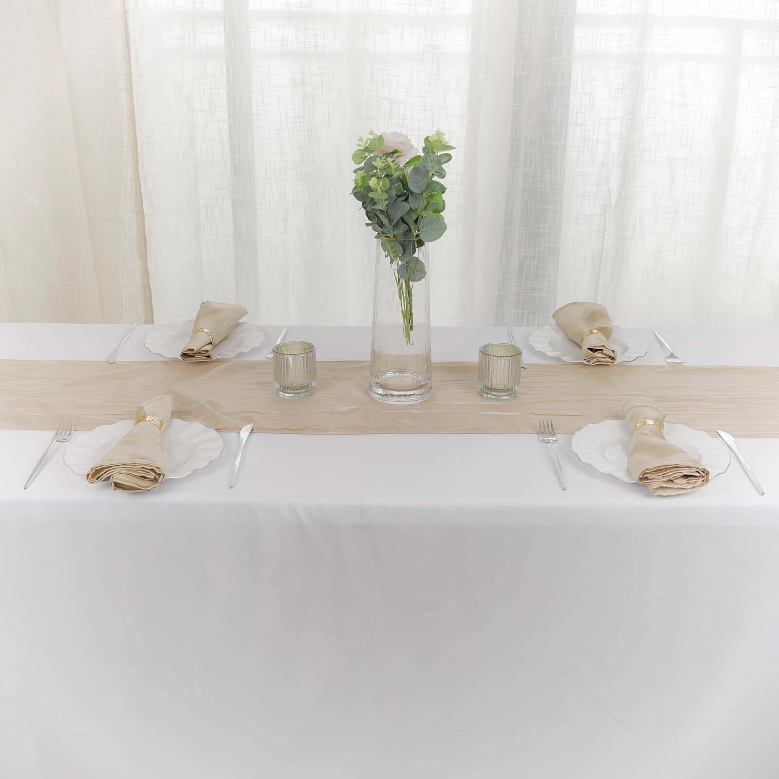 Taffeta 12"x108" Table Runner Beige - Accordion Crinkle Design