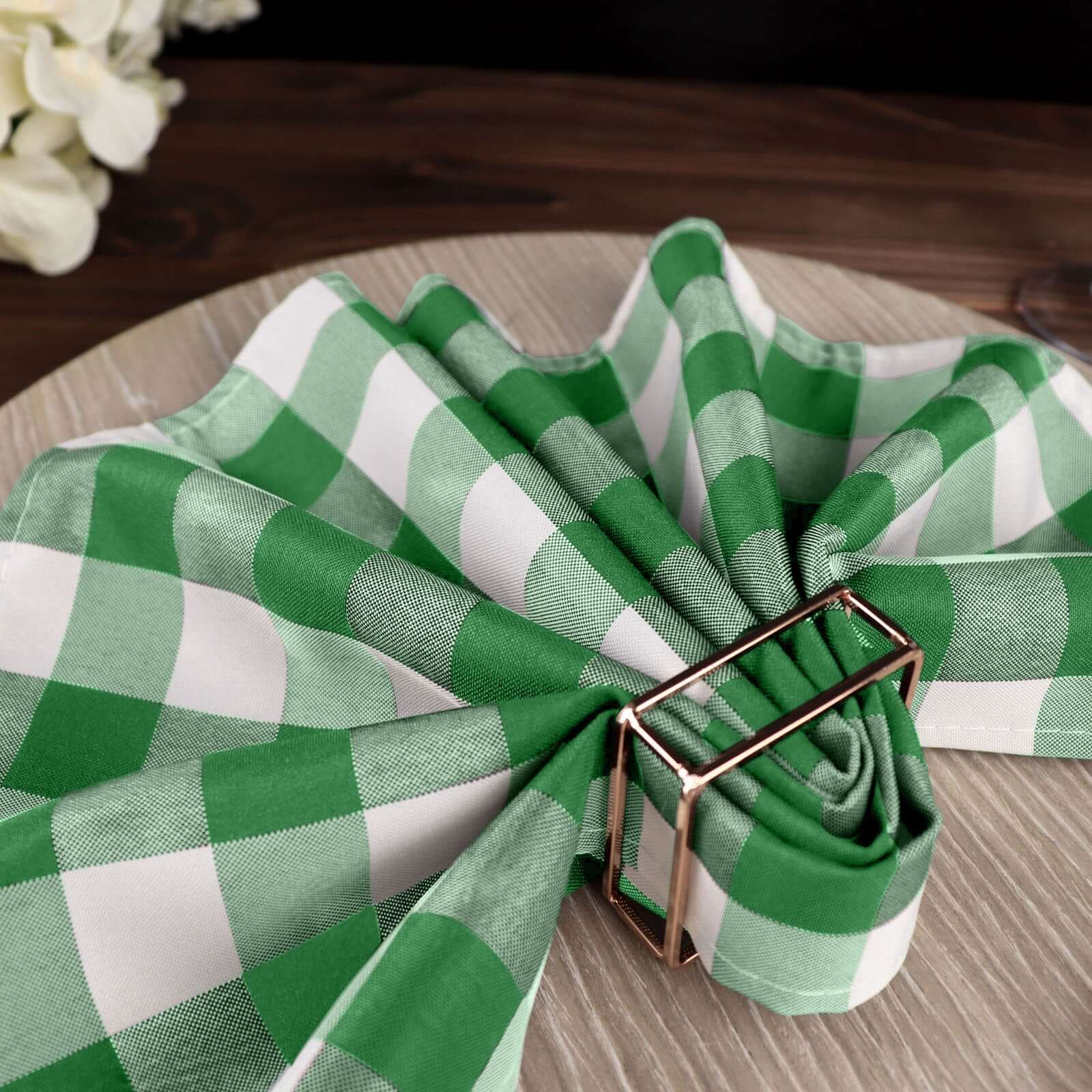 5 Pack Polyester 15"x15" Napkins Green/White Buffalo Plaid Gingham Style Cloth Napkins