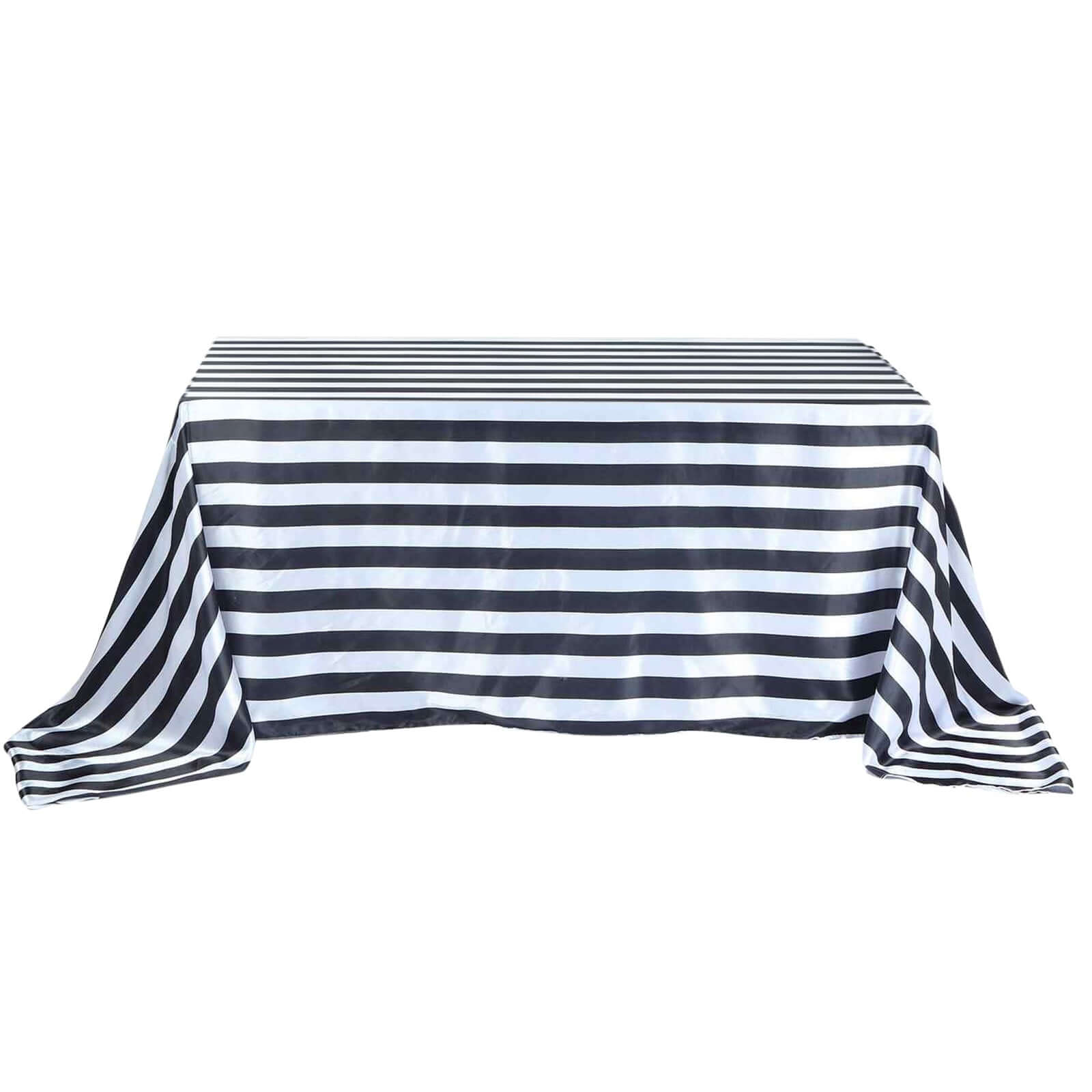 Satin 90"x156" Rectangle Tablecloth Black/White - Stripe Design with Seamless Finish Table Cover