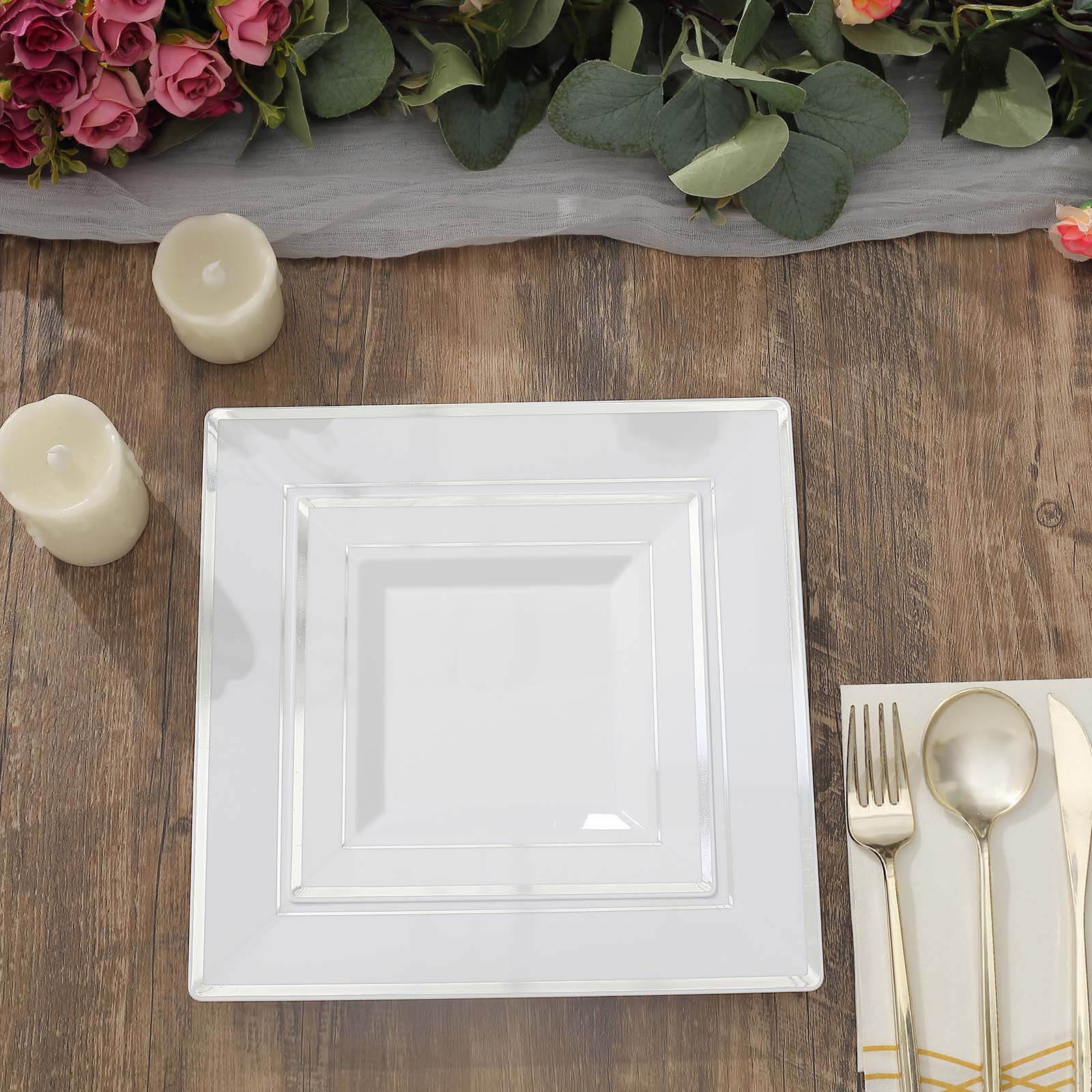 10-Pack Plastic Dinner Plates White Square with Silver Trim - Lightweight Disposable Plates for Events 10"
