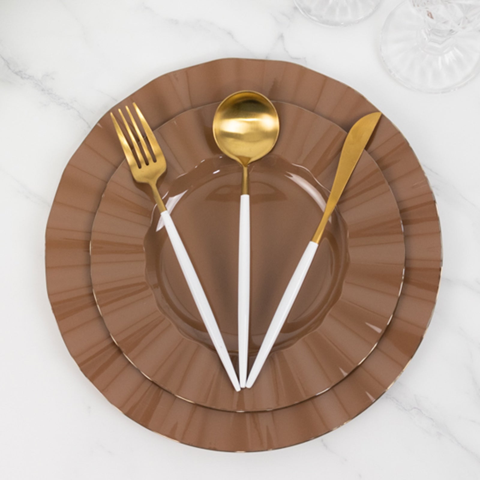 10-Pack Plastic 9" Round Dinner Plates in Coffee Brown Ruffled Rim with Gold Edging - Sturdy Disposable Dinnerware
