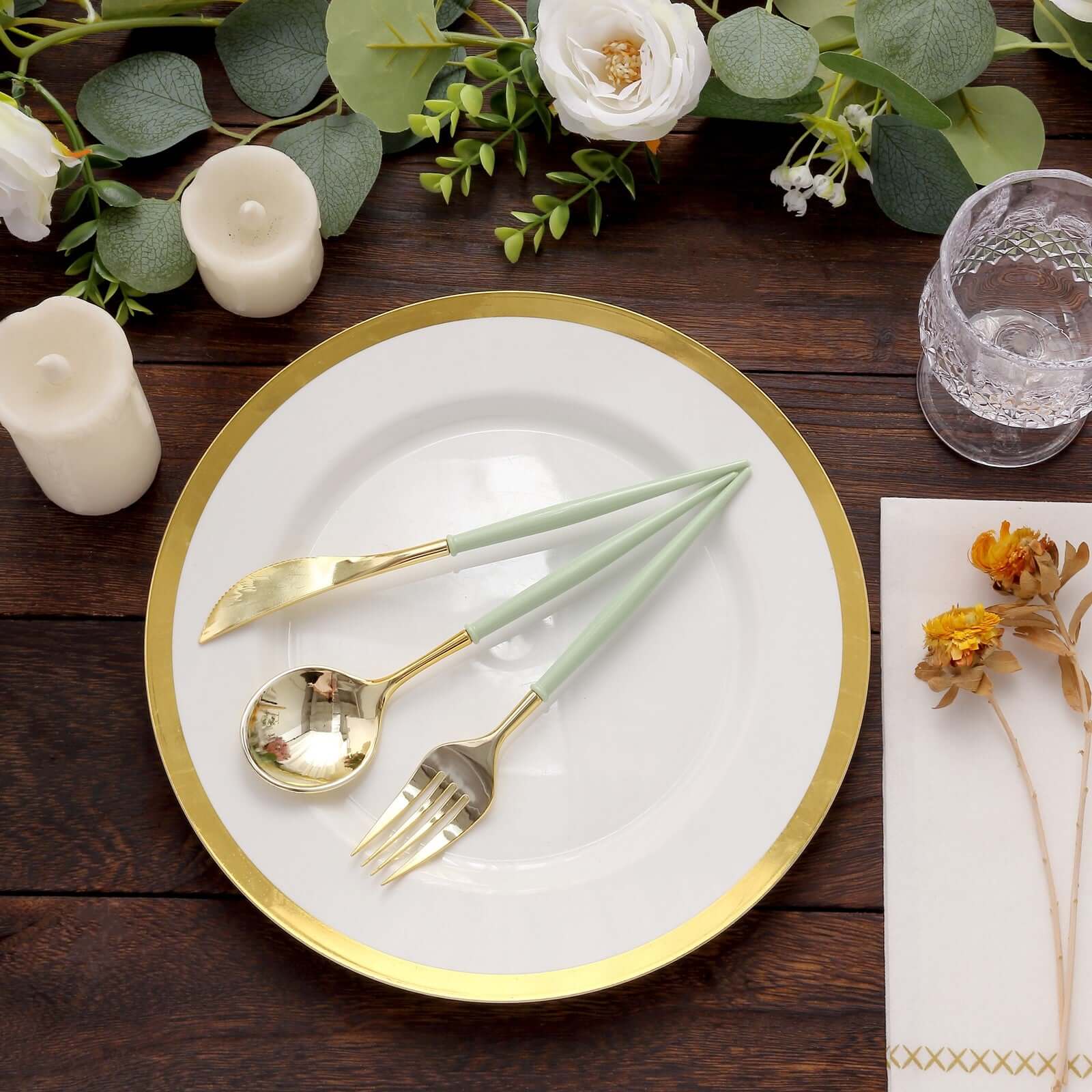 24-Pack Plastic Flatware Set in Metallic Gold with Sage Green Handle - Heavy Duty Disposable Modern Silverware 8"
