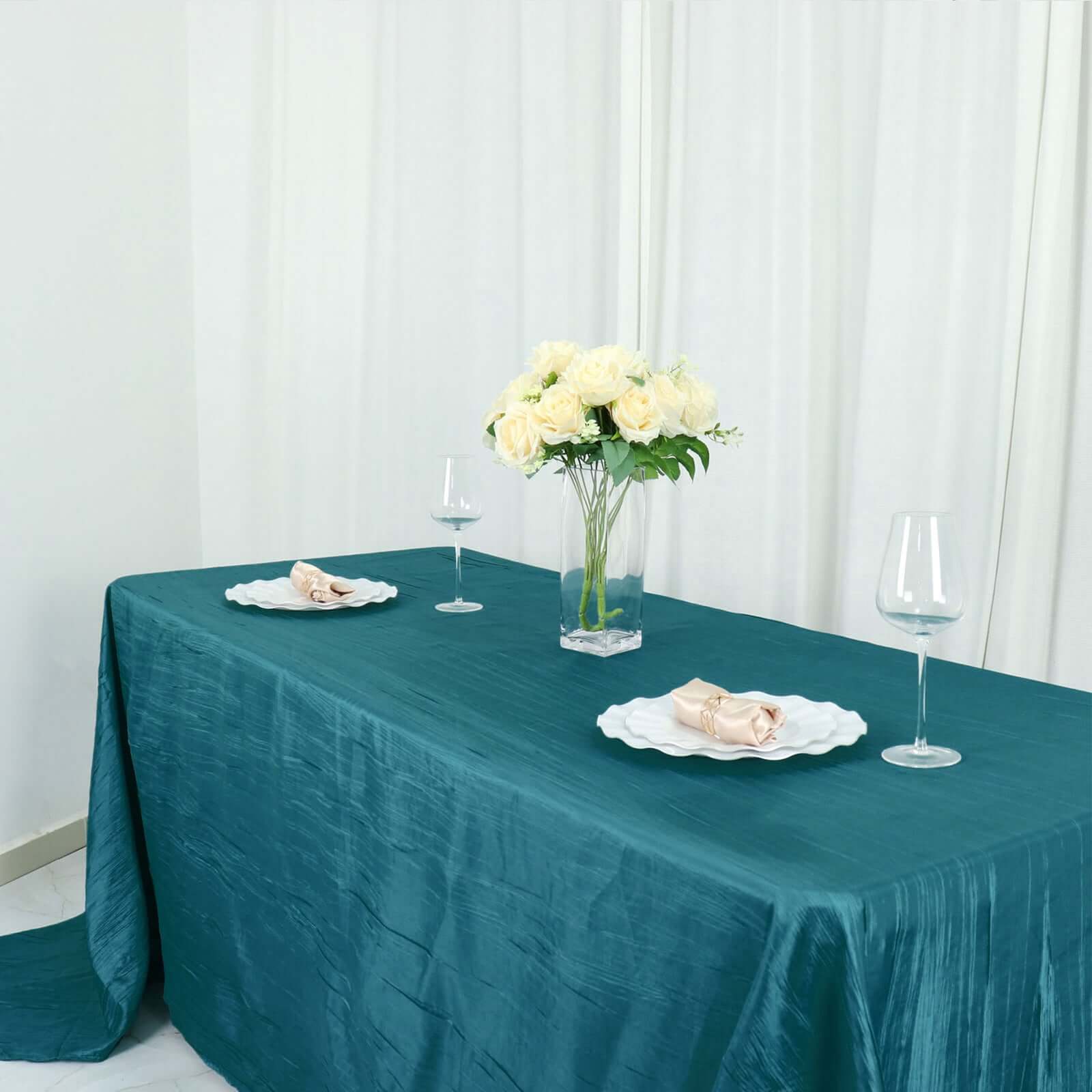 Taffeta 90"x156" Rectangle Tablecloth Teal - Accordion Crinkle Seamless Table Cover