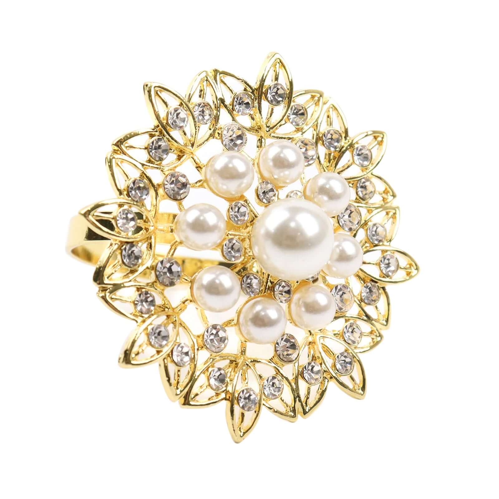 4 Pack Pearl And Diamond Rhinestone Flower Gold Metal Napkin Rings, Decorative Napkin Buckle Holders