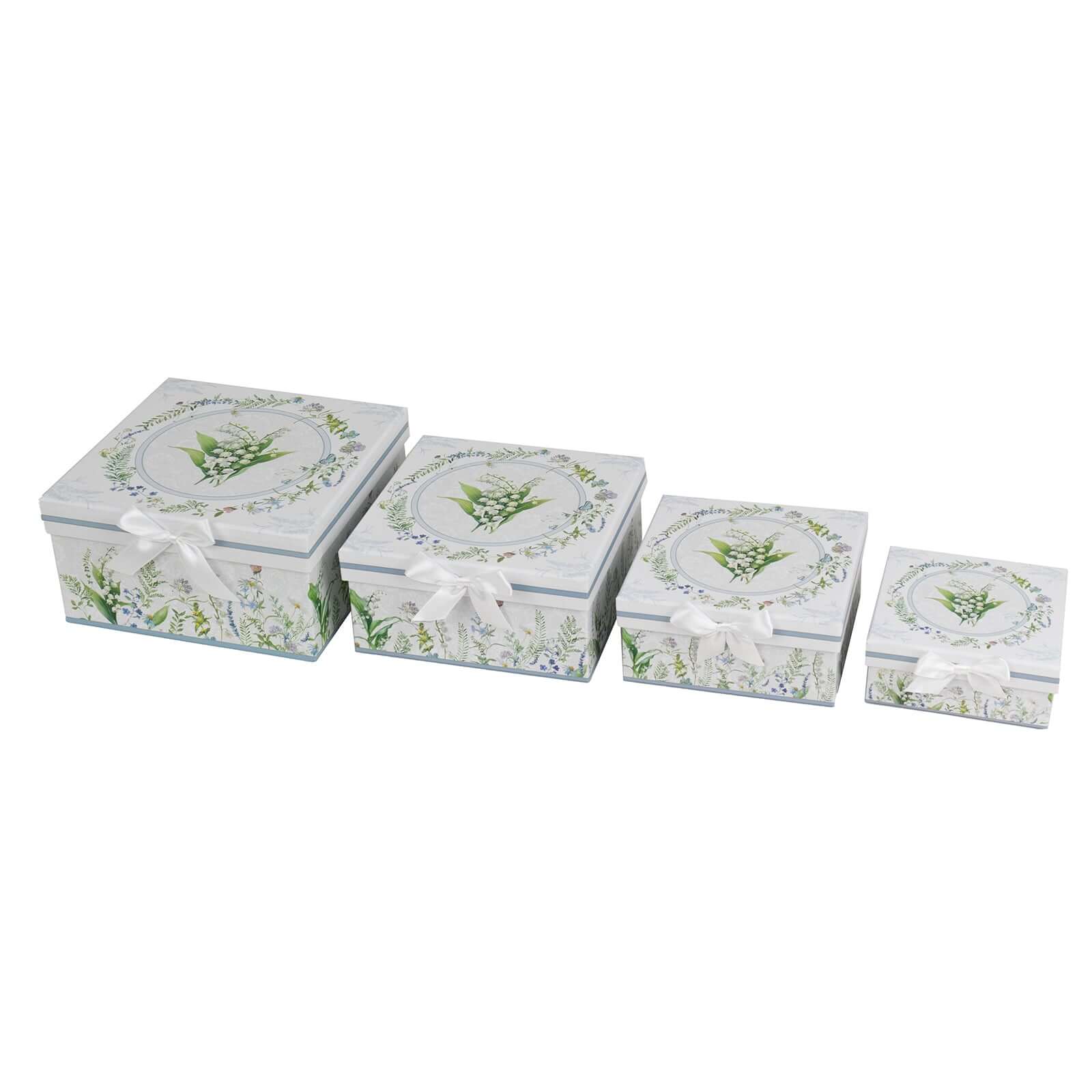 Set of 4 Cardstock Round Nesting Gift Boxes White Green Floral Design - Decorative Heavy Duty Stackable Keepsake Boxes With Lids for Presents Storage & Pedestal Stand 5",7",8",9"