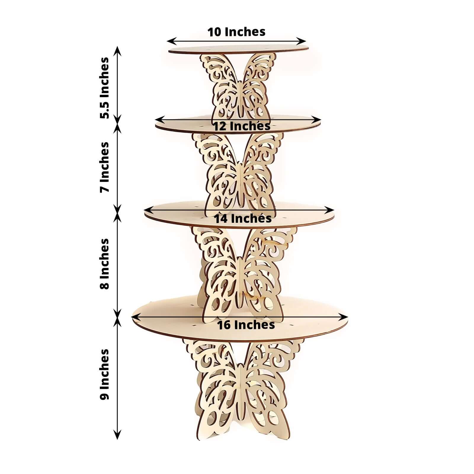 Set of 4 Wooden Cake Stands Butterfly Round Design Natural - Stackable Rustic Cupcake Holder Centerpiece 10", 12", 14", 16"