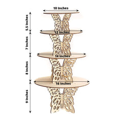 Set of 4 Wooden Cake Stands Butterfly Round Design Natural - Stackable Rustic Cupcake Holder Centerpiece 10", 12", 14", 16"