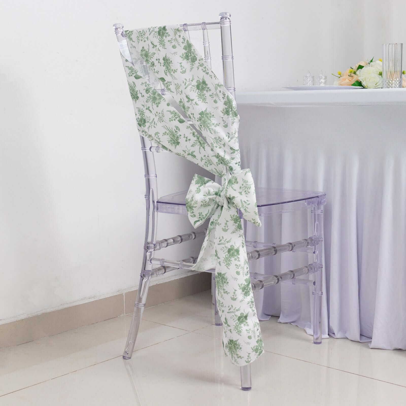5 Pack Polyester Chair Sashes Dusty Sage Green French Toile Floral Design - Stylish Durable and Reusable Chair Bows 6"x108"