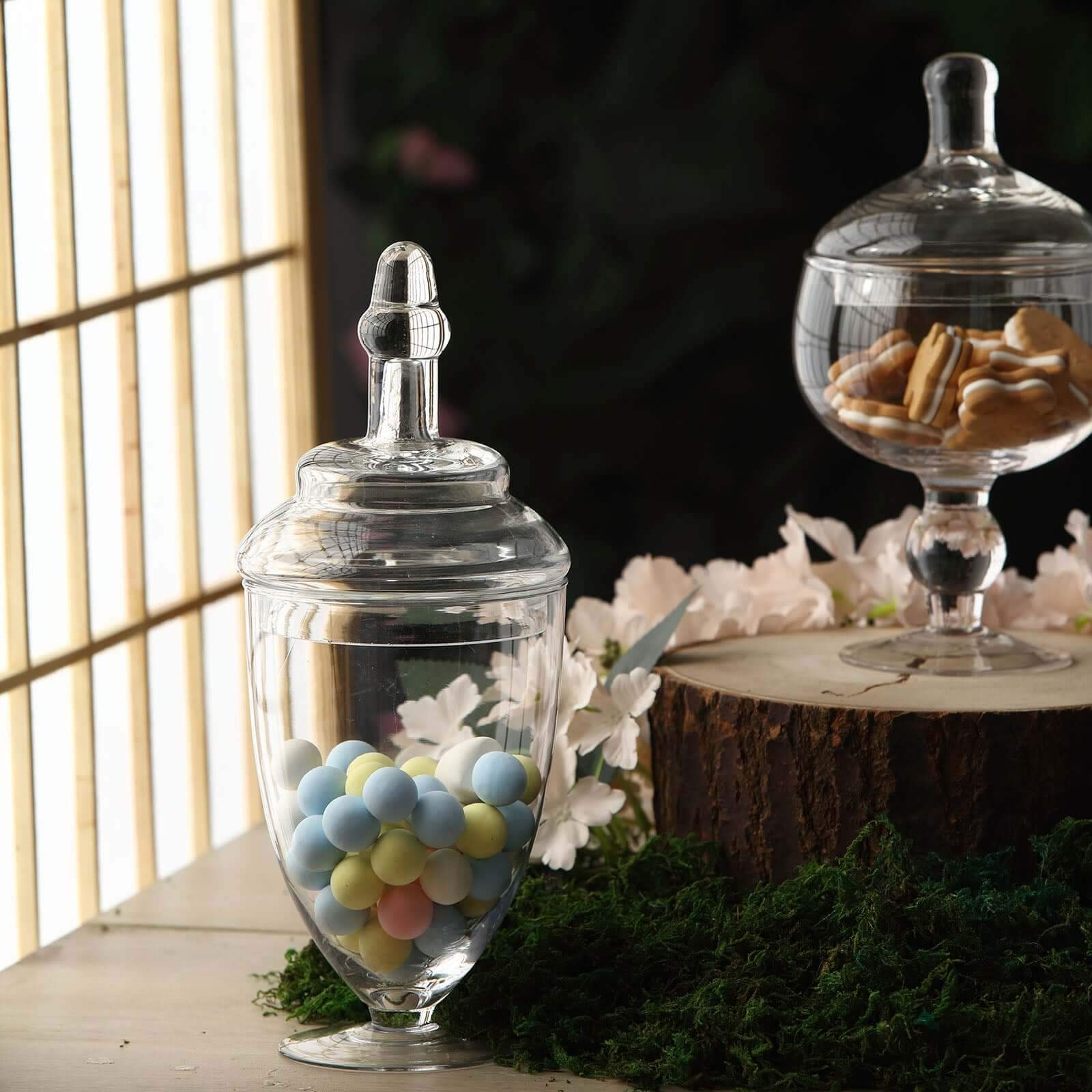 Set of 3 Glass Jars Apothecary Design Clear and Snap-On Lids - Stylish Decorative Candy Buffet Storage 8.5", 9", 10"
