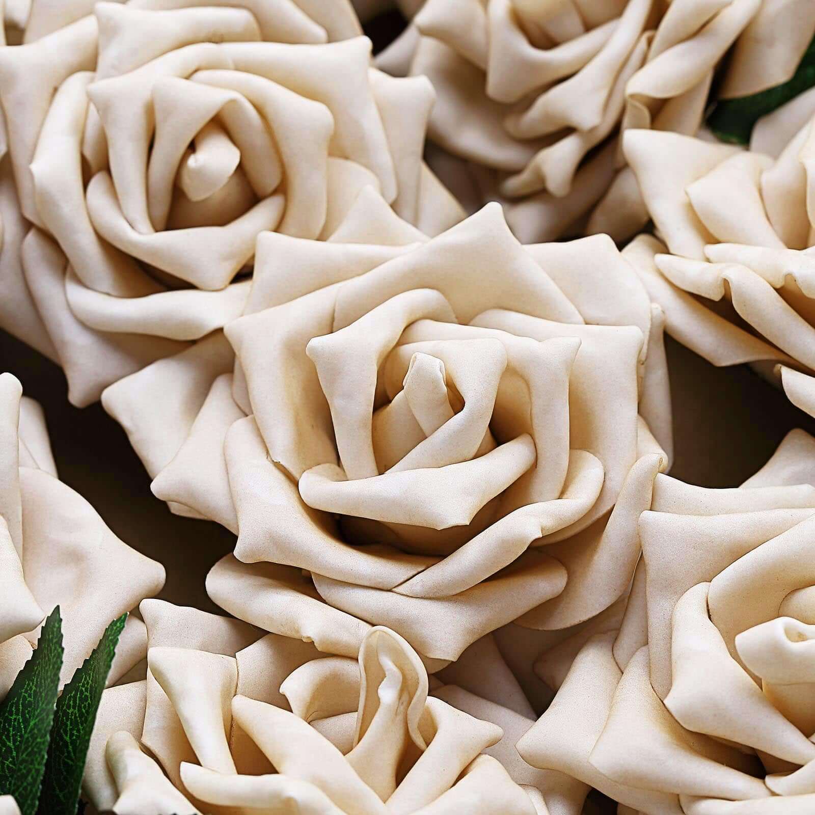 24 Roses 5" Champagne Artificial Foam Flowers With Stem Wire and Leaves