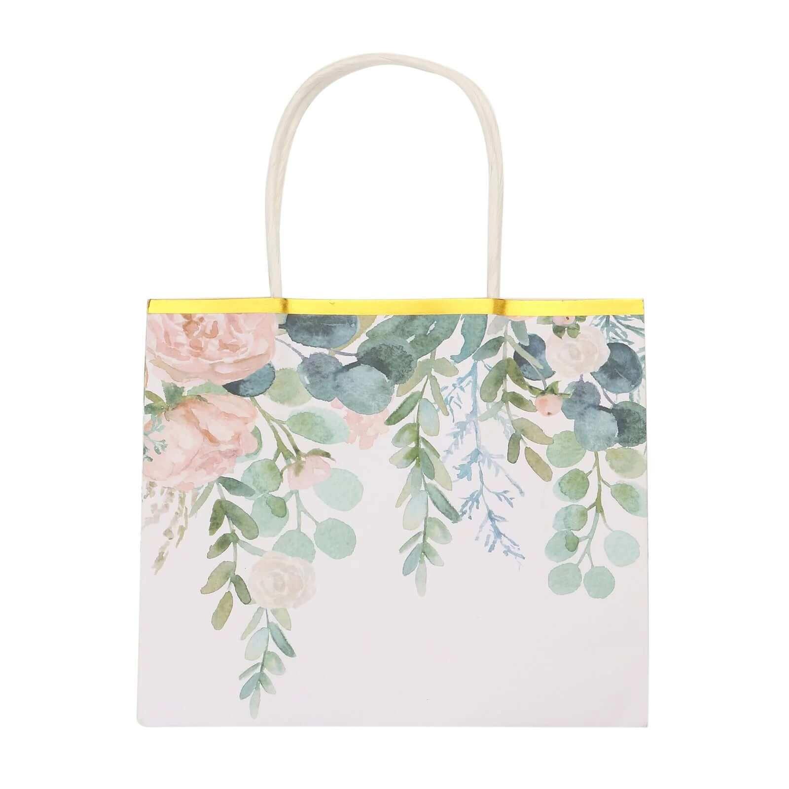 12 Pack White Pink Peony Flower Paper Party Favor Bags With Handles, Gift Goodie Bags With Gold Edge - 6"x7"
