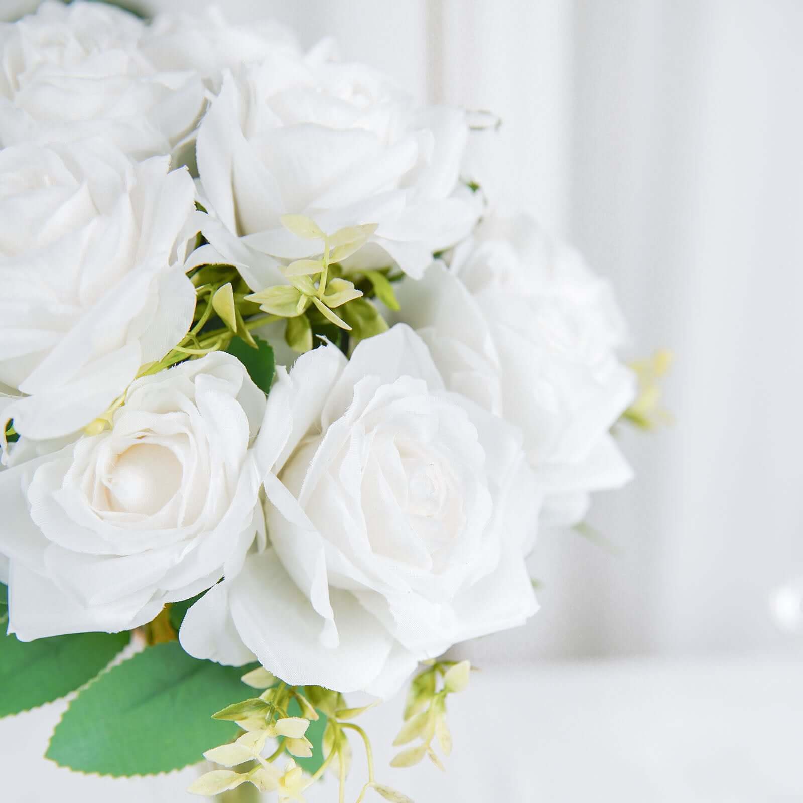 2 Bushes 18" Real Touch White Artificial Rose Flower Bouquet, Silk Long Stem Flower Arrangements