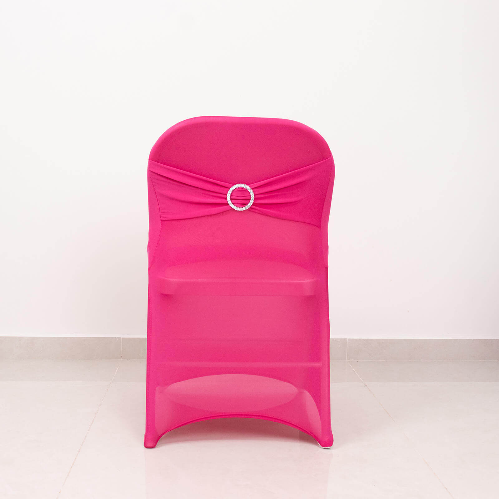 Stretch Spandex Chair Cover Fuchsia for Folding Chairs - Secure Fit Slipcover with Silver Rhinestone Buckled Sash Band