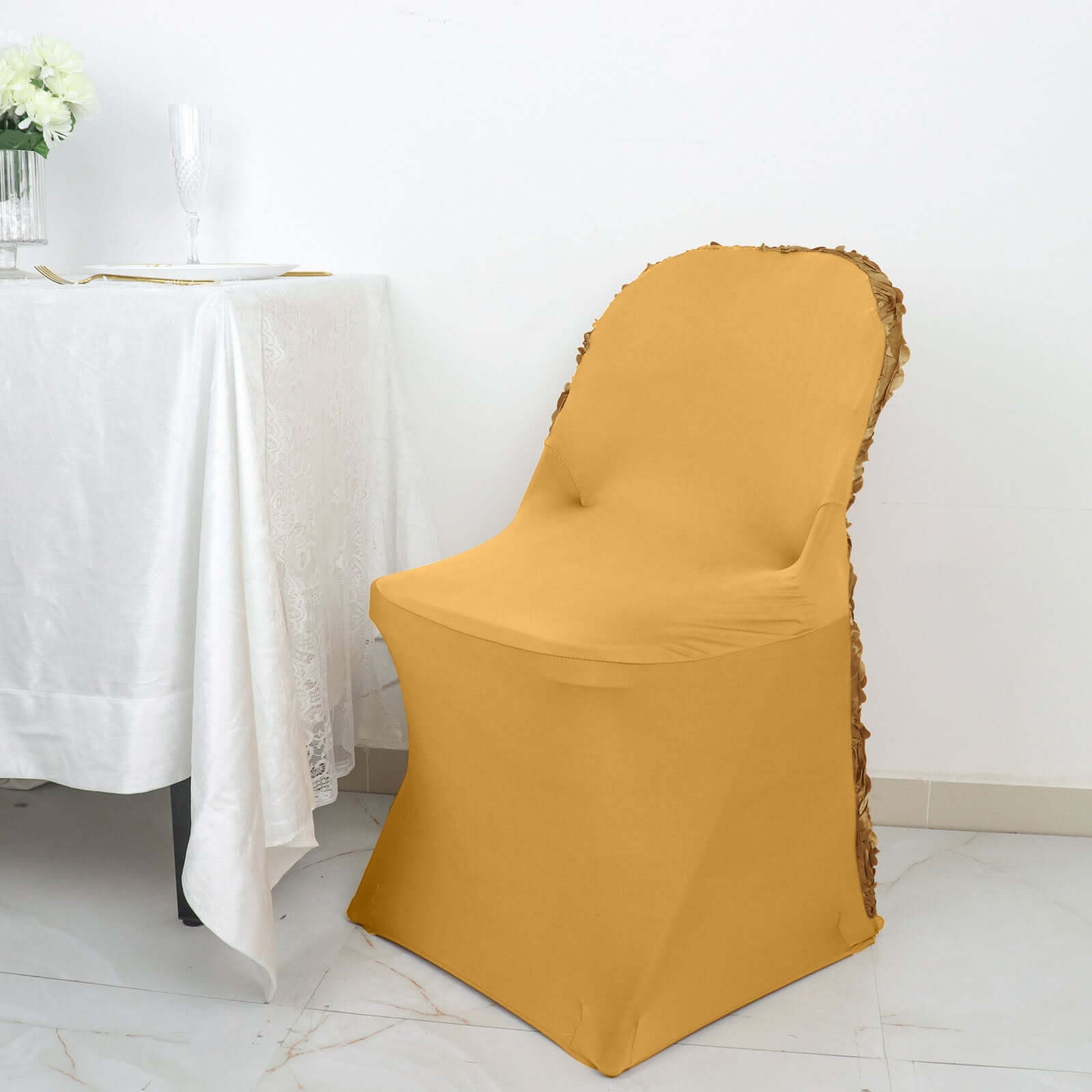 Spandex Chair Cover Gold for Folding Chairs - Durable Stretch Fitted Slipcover with Satin Rosette Design