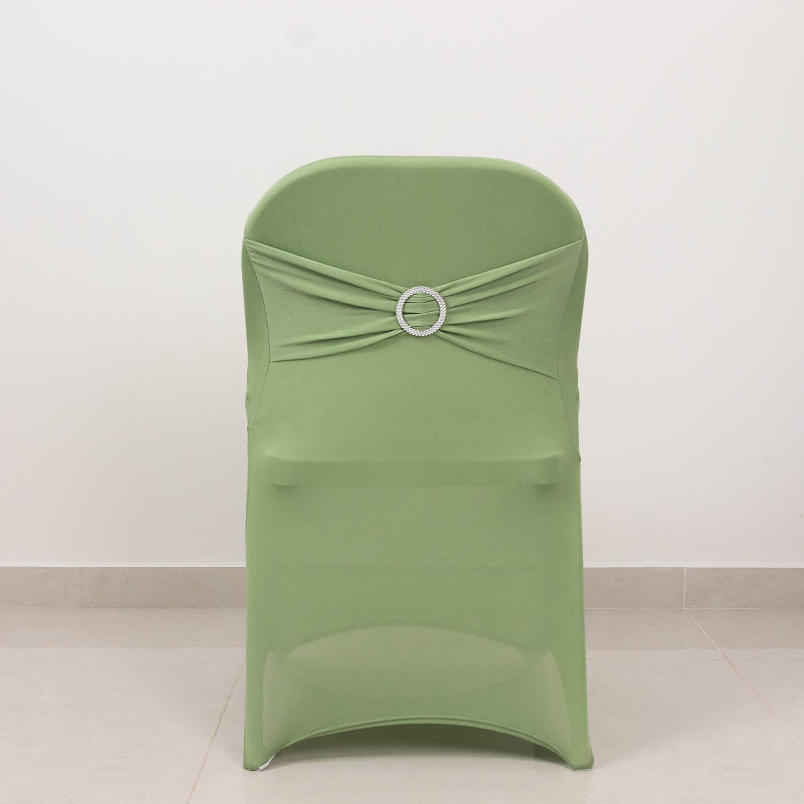 Stretch Spandex Chair Cover Sage Green for Folding Chairs - Secure Fit Slipcover with Silver Rhinestone Buckled Sash Band
