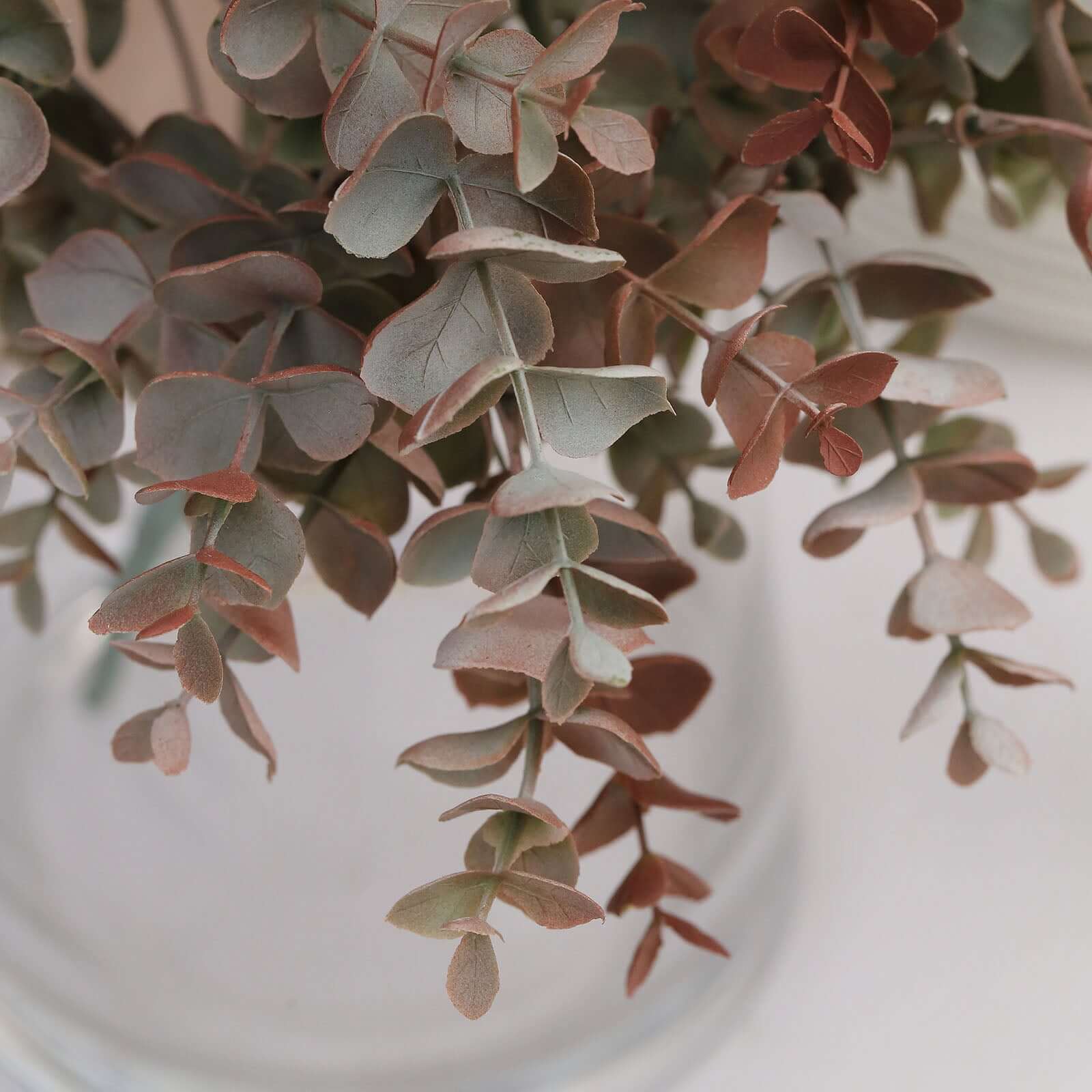 3 Pack 13" Frosted Green Red Artificial Farmhouse Eucalyptus Leaf Stems, Plastic Foliage Plants