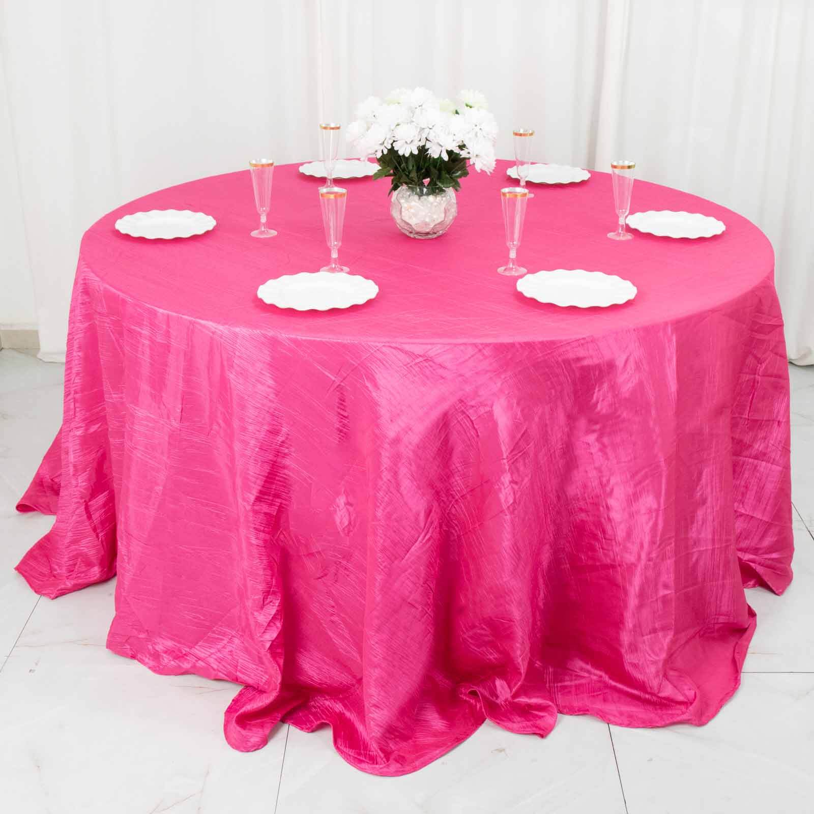 Taffeta 132" Round Tablecloth Fuchsia - Seamless Accordion Crinkle Table Cover