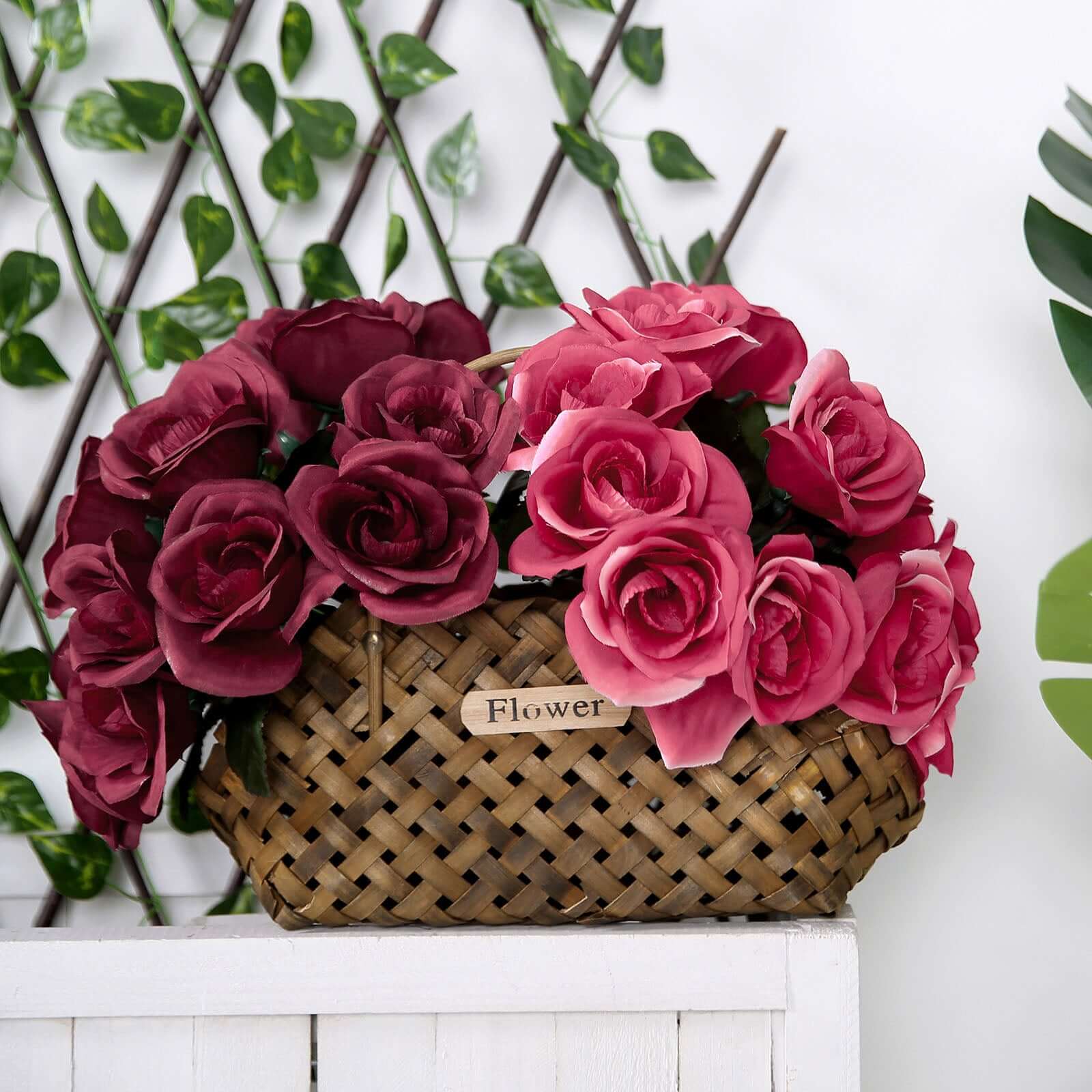 12" Fuchsia Artificial Velvet-Like Fabric Rose Flower Bouquet Bush