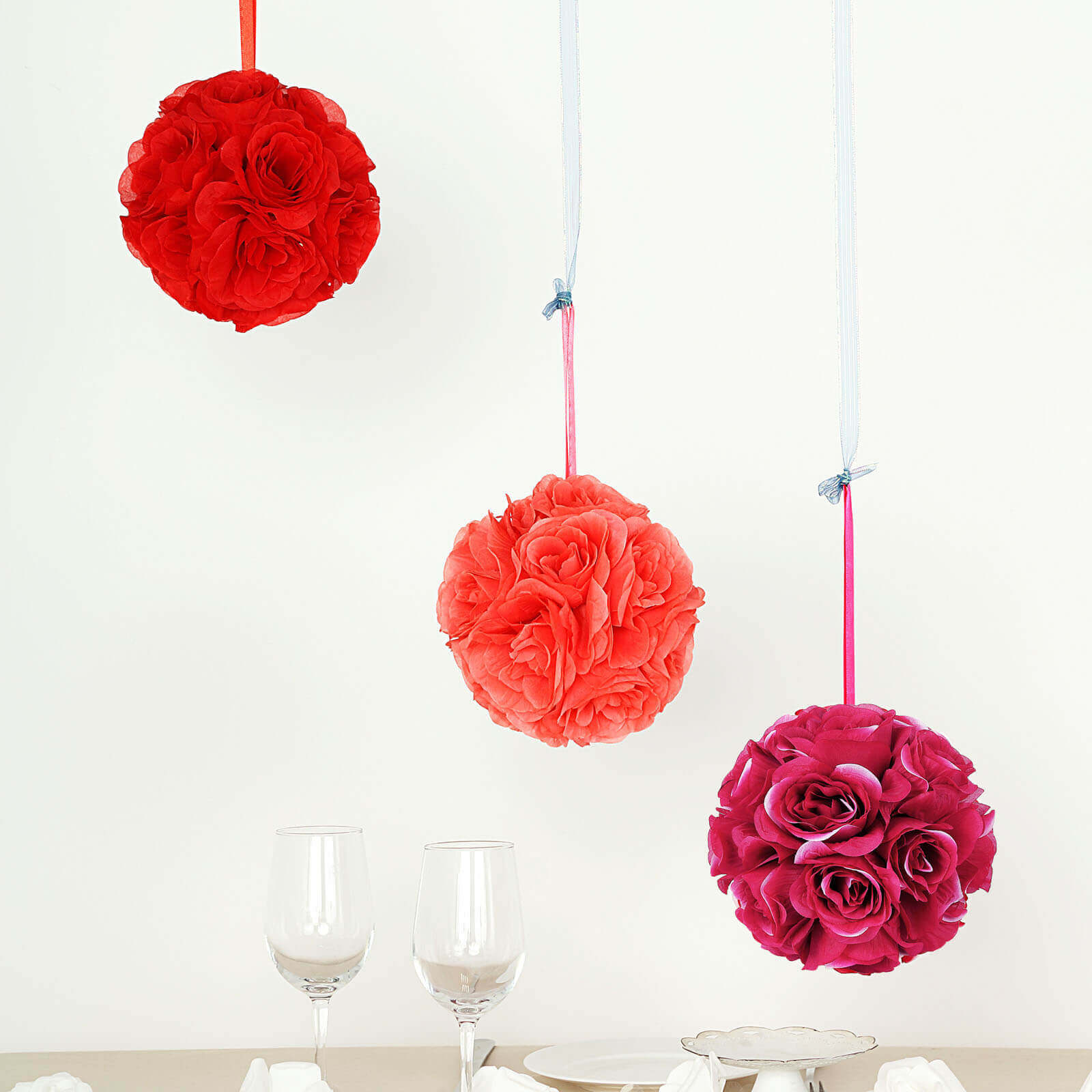 2 Pack 7" Fuchsia Artificial Silk Rose Kissing Ball, Flower Ball
