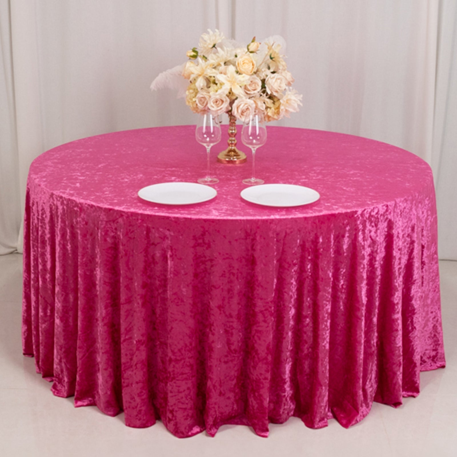 Premium Crushed Velvet 120" Round Tablecloth Fuchsia - Reusable Soft & Stylish Seamless Table Cover