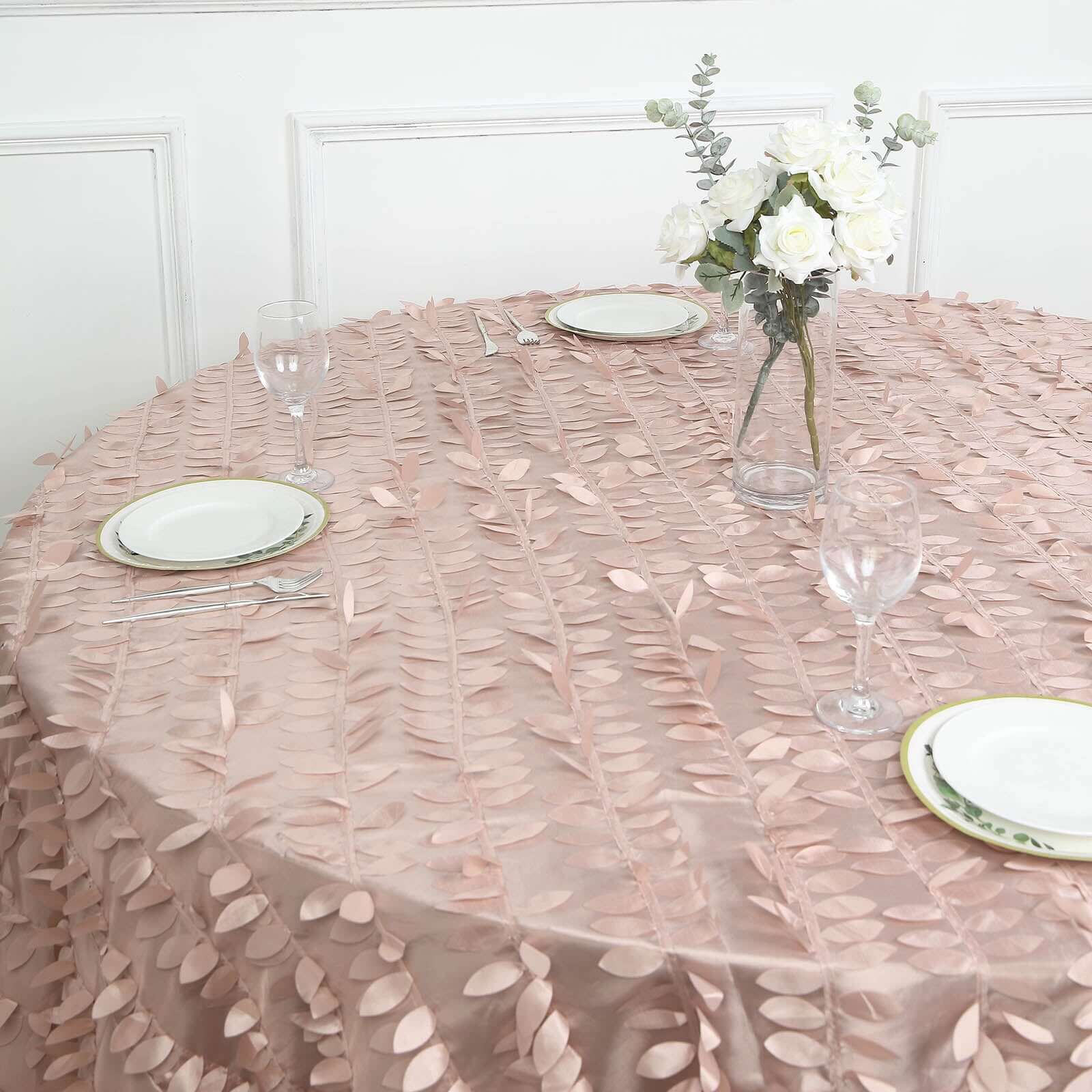 Taffeta 132" Round Tablecloth Dusty Rose | 3D Leaf Petal Design Seamless Table Cover