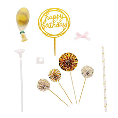 6 Pcs Happy Birthday Cake Topper Gold/White - Fun Cake Decoration with 4 Mini Paper Fans & Confetti Balloon for Themed Parties & Special Occasions