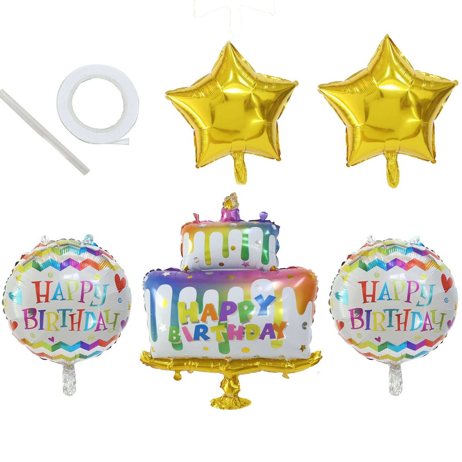 Set of 5 Colorful Happy Birthday Cake Mylar Foil Balloon Set, Round and Gold Star Balloon Bouquet With Ribbon, Birthday Party Decorations