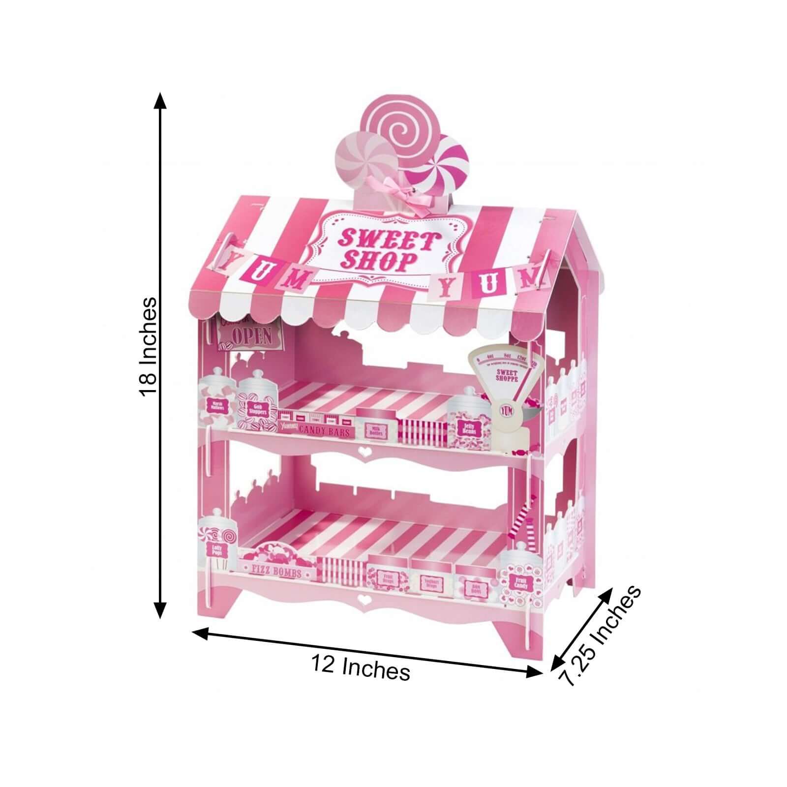 2-Tier Cardboard Cupcake Stand with White/Pink Sweet Shop Design - Colorful Candy Themed Dessert Cart Display for Pastries & Treats 18"