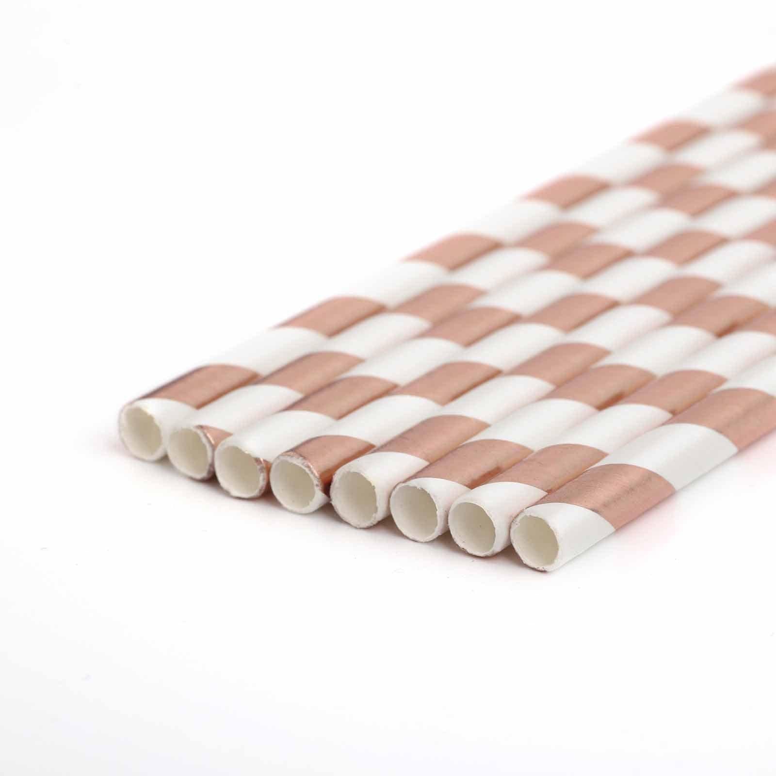 25-Pack Paper Straws White/Rose Gold Striped - Stylish Disposable Straws for Drinks 8"