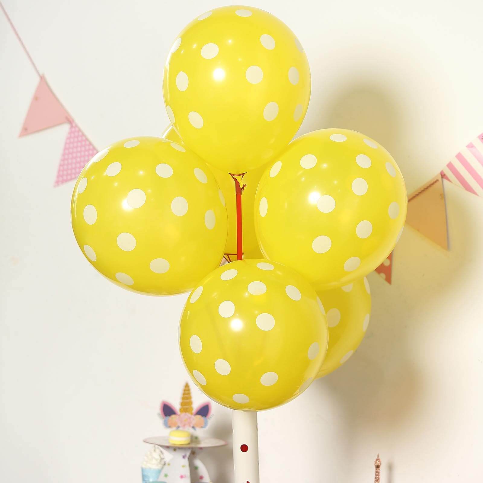 25 Pack 12" Yellow and White Fun Polka Dot Latex Party Balloons