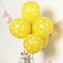 25 Pack 12" Yellow and White Fun Polka Dot Latex Party Balloons