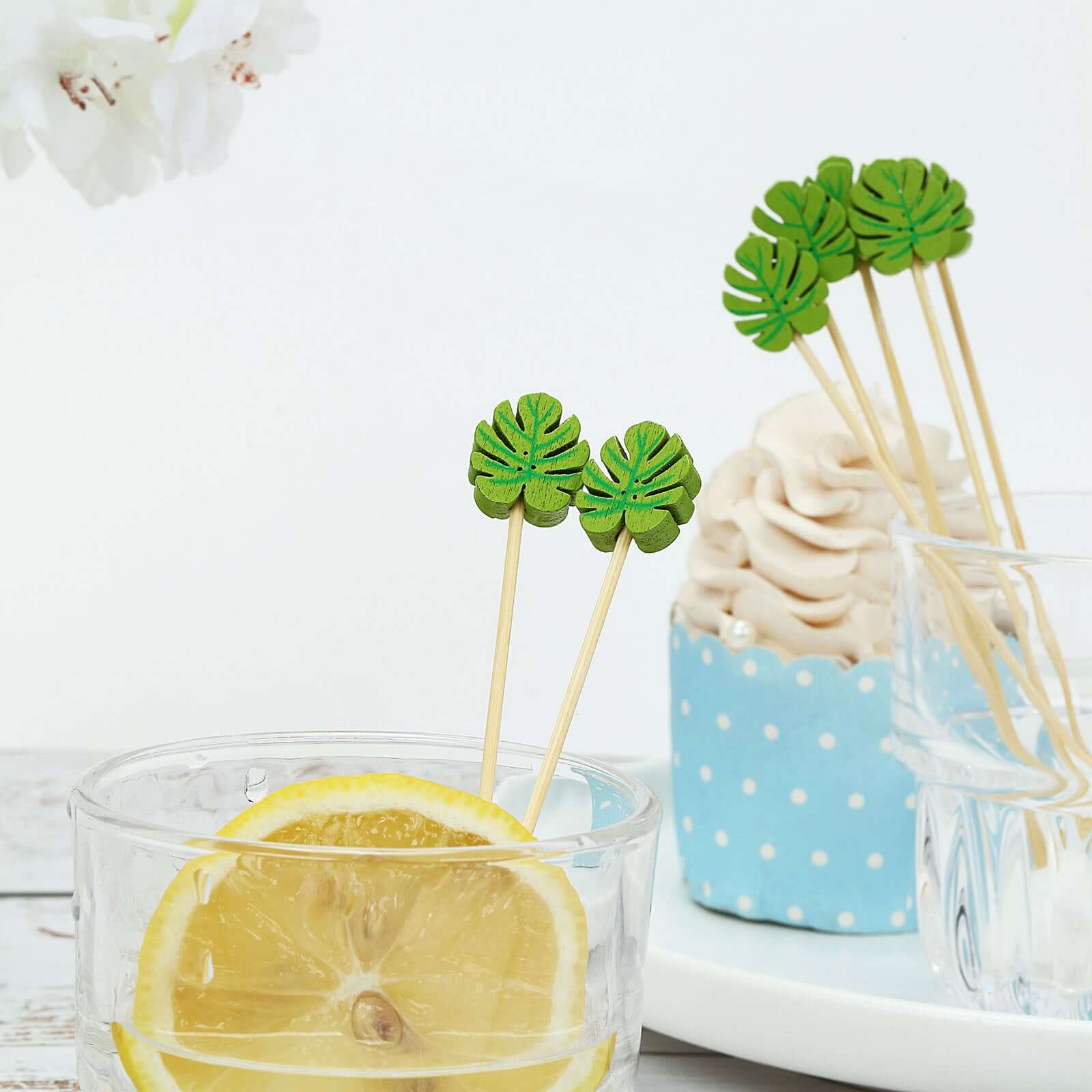 100-Pack Bamboo Cocktail Sticks Tropical Leaf Decorative Top Design - Eco Friendly Party Picks 5"