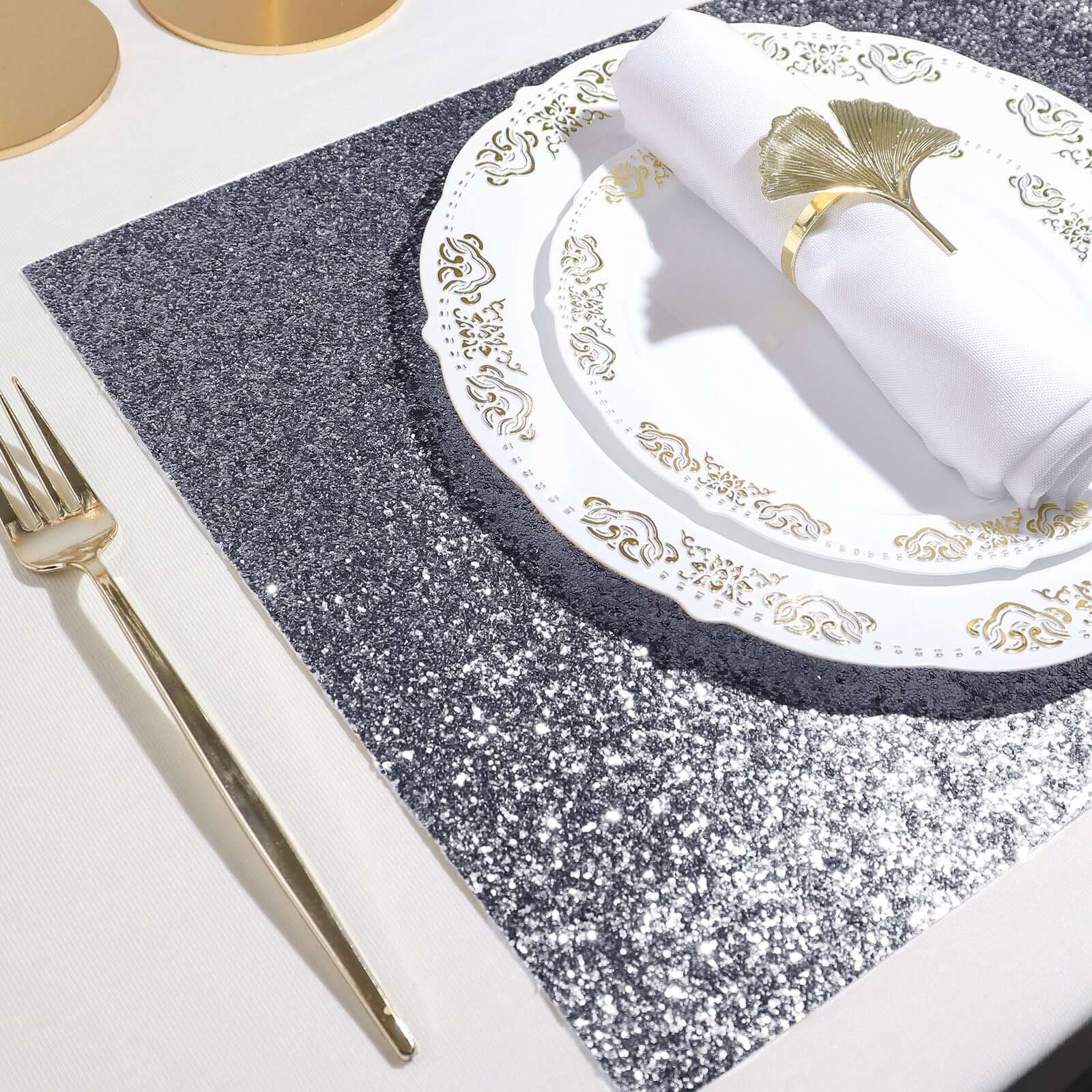 6-Pack Placemats Glitter Design Charcoal Gray Sparkle Rectangle - Non-Slip Decorative Dining Table Mats 12"x18"
