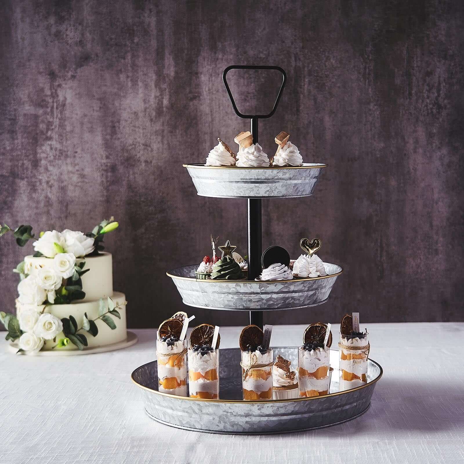 3-Tier Galvanized Metal Cupcake Stand 20" Silver - Sturdy Dessert Serving Tray Platter for Rustic Themed Weddings Backyard Parties & Holiday Spreads
