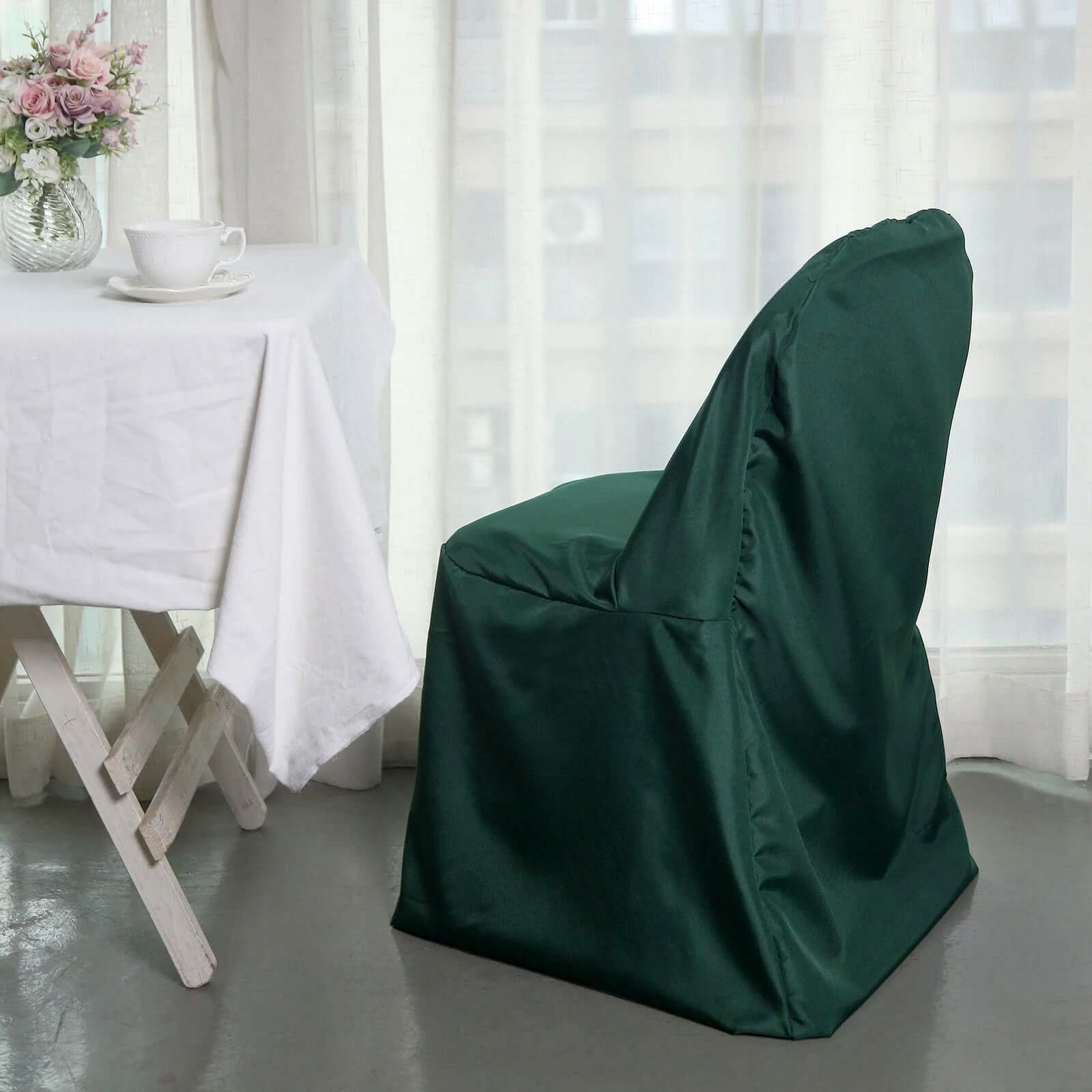 Polyester Slip On Folding Chair Covers Hunter Emerald Green - Stain-Resistant Reusable Durable Fabric