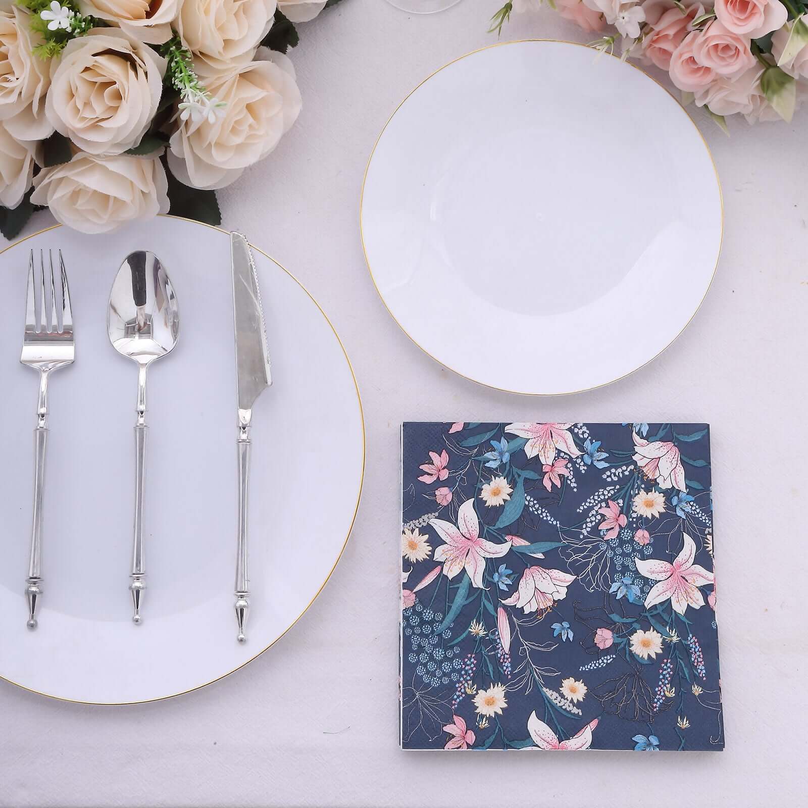 50-Pack Paper Beverage Napkins with Water Lily Floral Design Navy Blue - 2 Ply Soft 18GSM Wedding Napkins 6.5"x6.5"