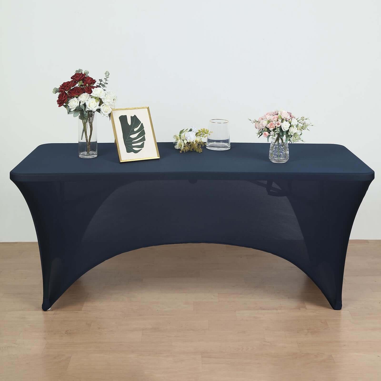 Stretch Spandex 96"x30" Rectangle Table Cover Navy Blue with Curved Open Back Design Tailored Professional Look