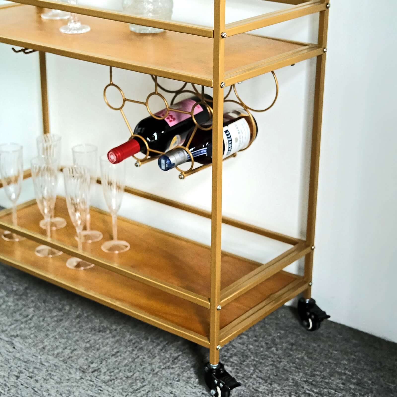Gold Metal Bar Cart with Wooden Serving Trays 2-Tier - Wine Rack Holds 5 Bottles and 2 Glasses for Events 3ft