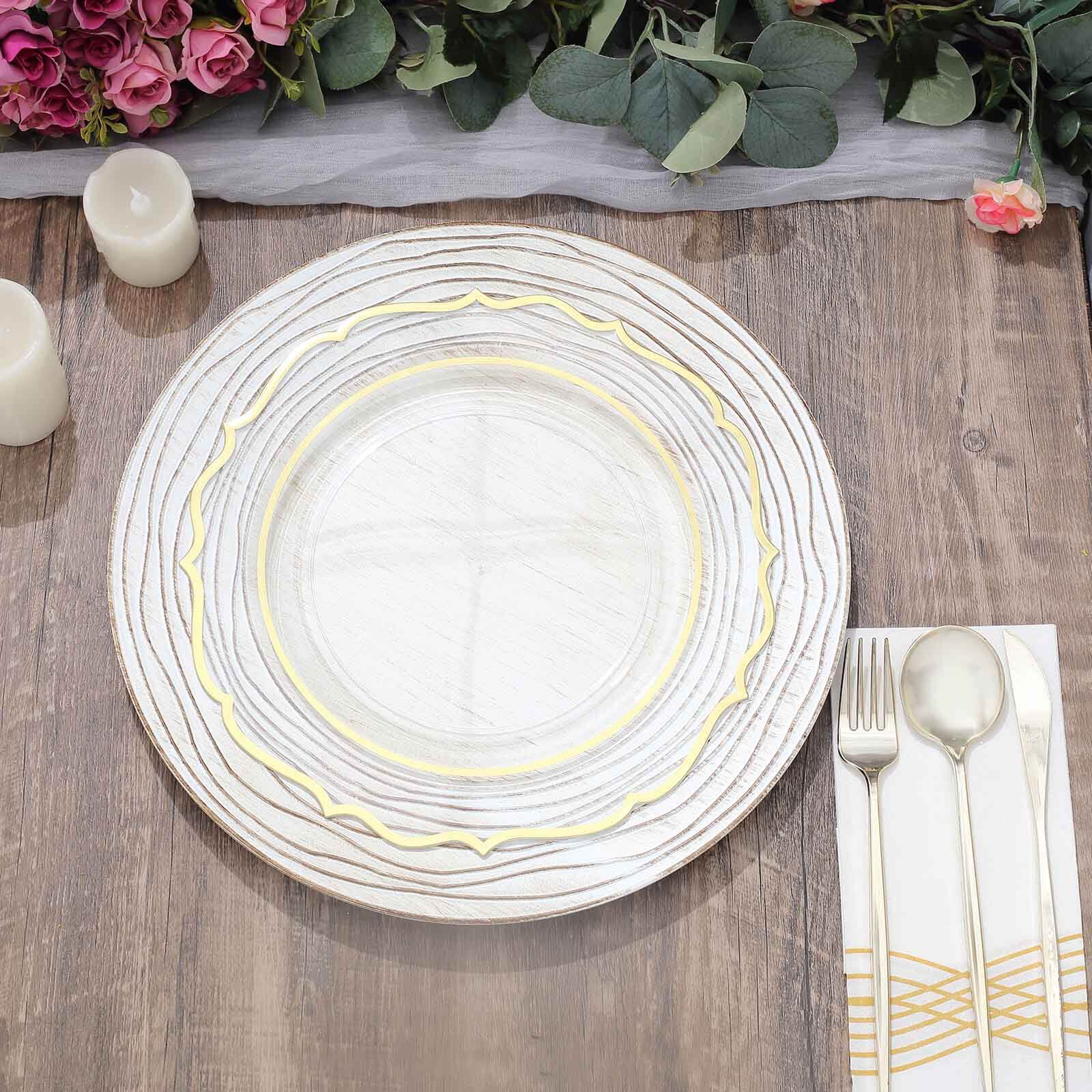 6-Pack Faux Wood Round Charger Plates 13" White Washed with Rose Embossed Rim, Disposable Plastic Charger Tableware