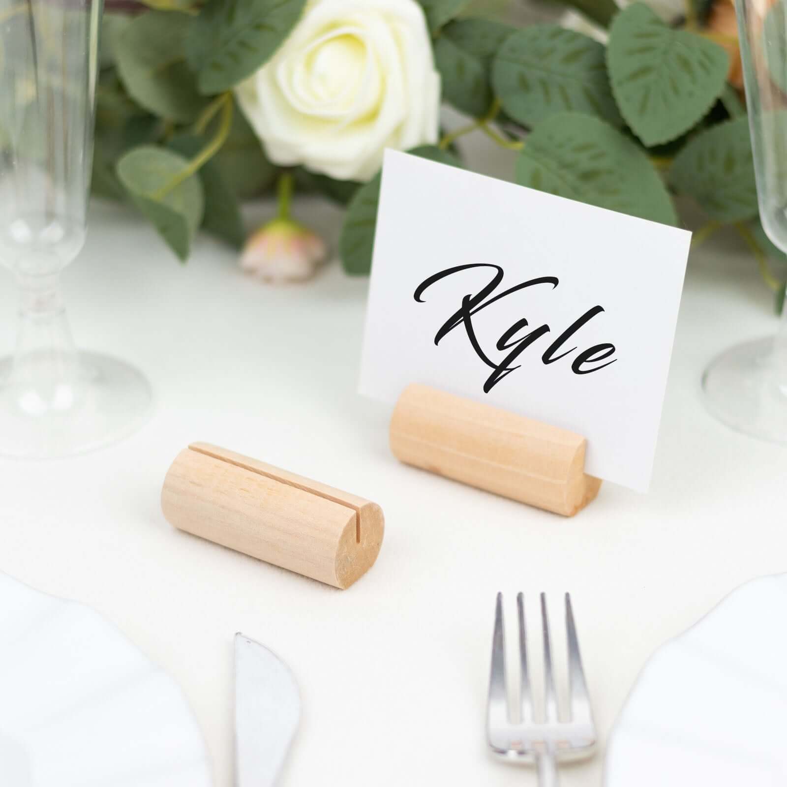 10-Pack Wooden Place Card Holders Farmhouse Cylindrical Design Natural - Rustic Table Number Stands 2"