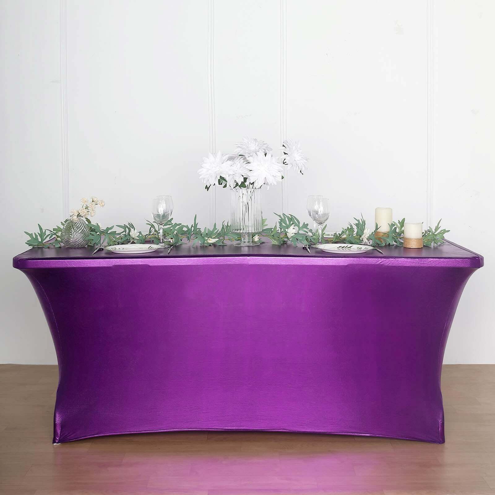Metallic Purple Stretch Spandex Rectangle Tablecloth 6ft Wrinkle Free Fitted Table Cover for 72"x30" Tables