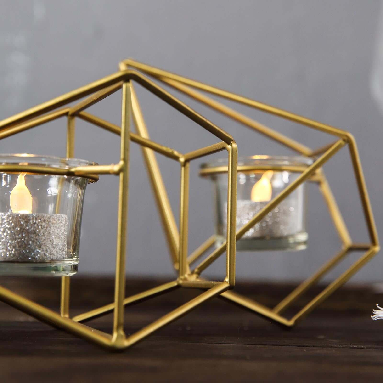 Set of Metal Candle Holders Linked Geometric Design Gold - Modern Votive Glass Decor for Tables & Gatherings 16"