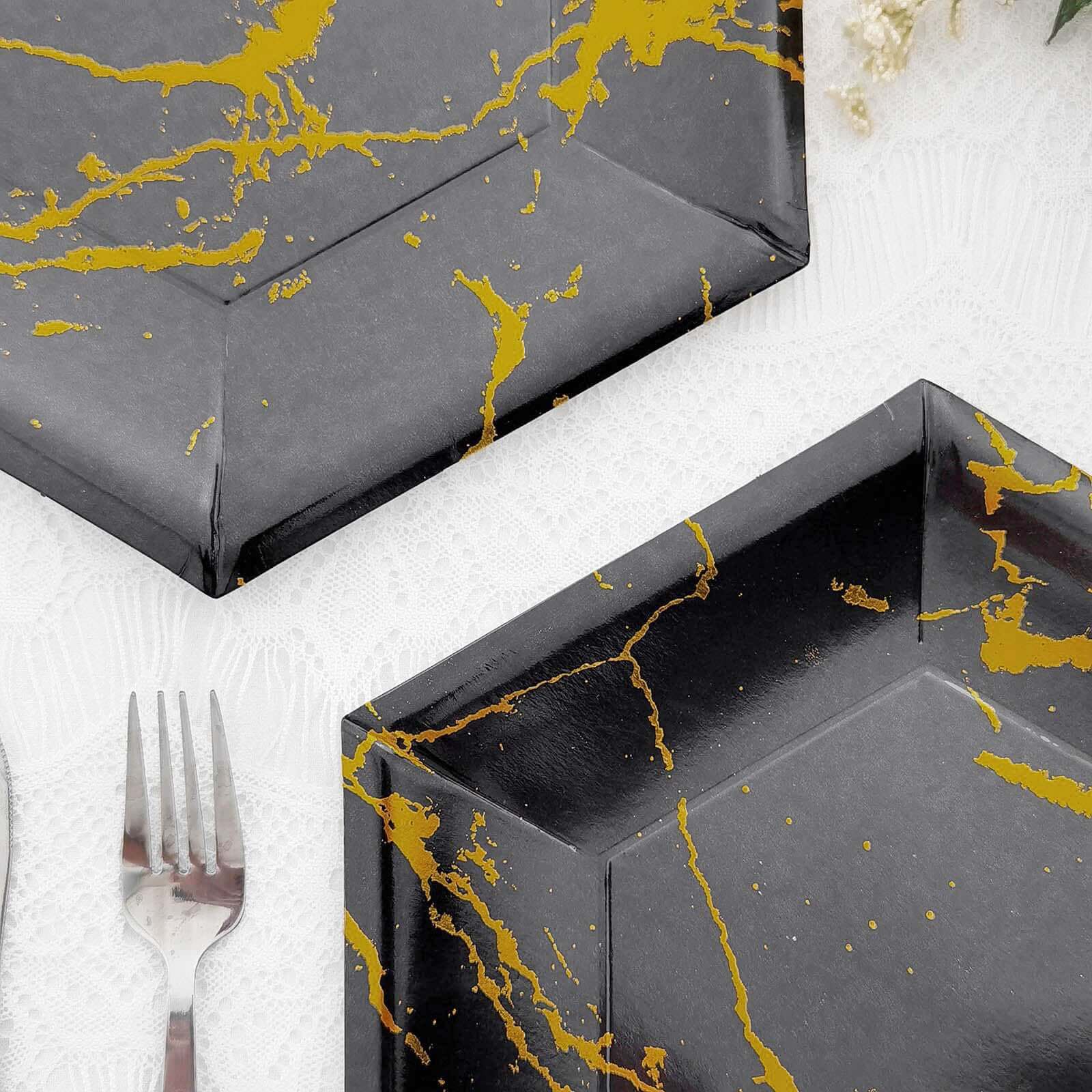 25-Pack Paper 12" Hexagon Dinner Plates in Black with Gold Marble Design - Disposable Geometric 400GSM Party Plates for Events & Banquets