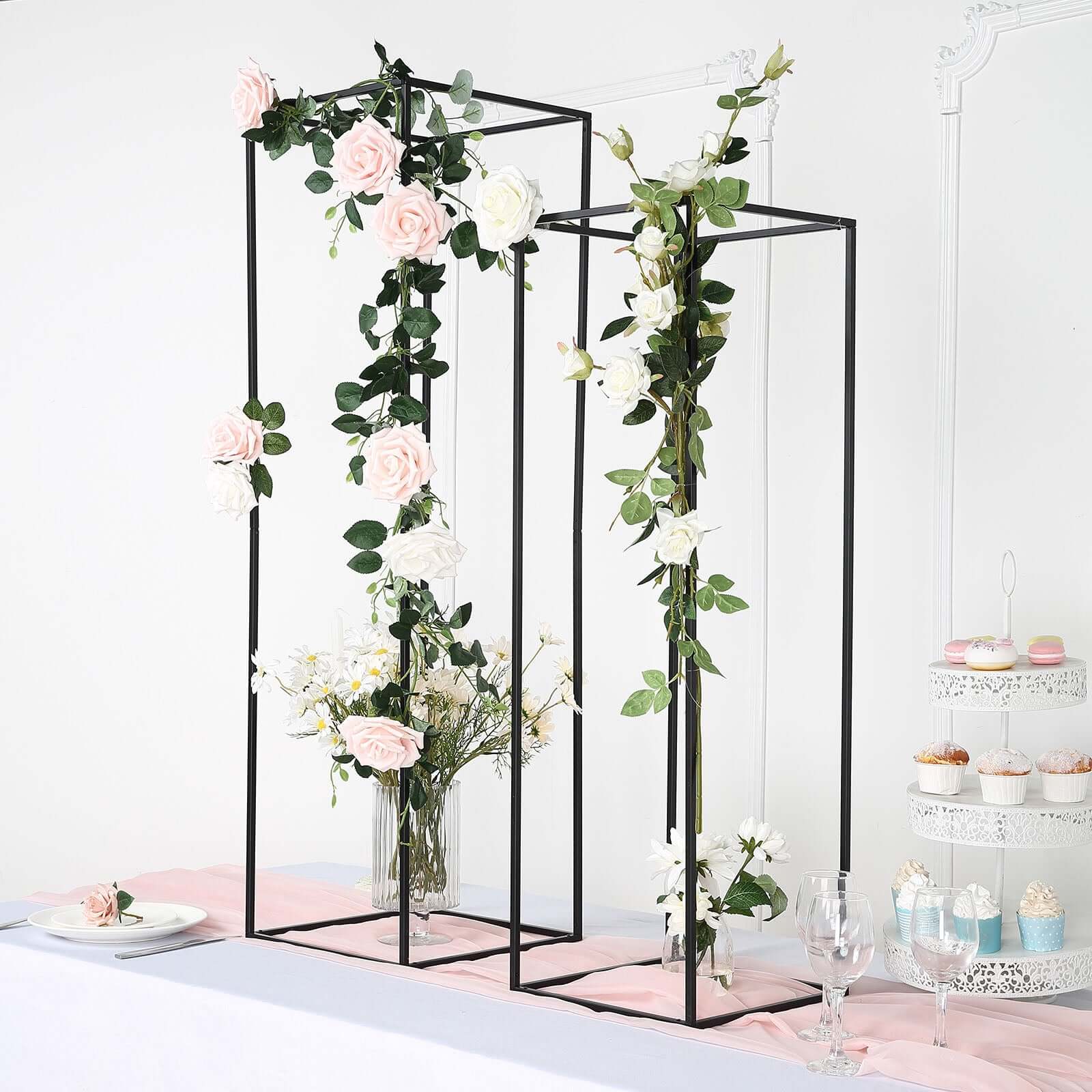 2-Pack Wedding Flower Stand Matte Black Metal Geometric Column Frame Rectangular - Versatile Floral Pedestal for Sophisticated Arrangements 40"