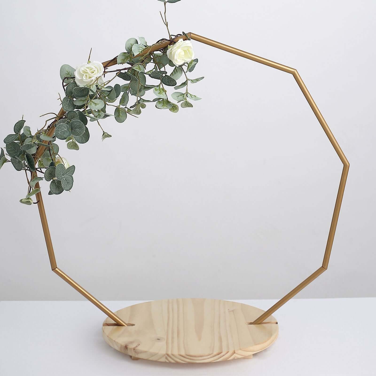 Metal Nonagon Floral Hoop Cake Stand Gold - Chic Geometric Dessert Display DIY Centerpiece Table Decoration With Wooden Base 27"