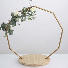 Metal Nonagon Floral Hoop Cake Stand Gold - Chic Geometric Dessert Display DIY Centerpiece Table Decoration With Wooden Base 27"