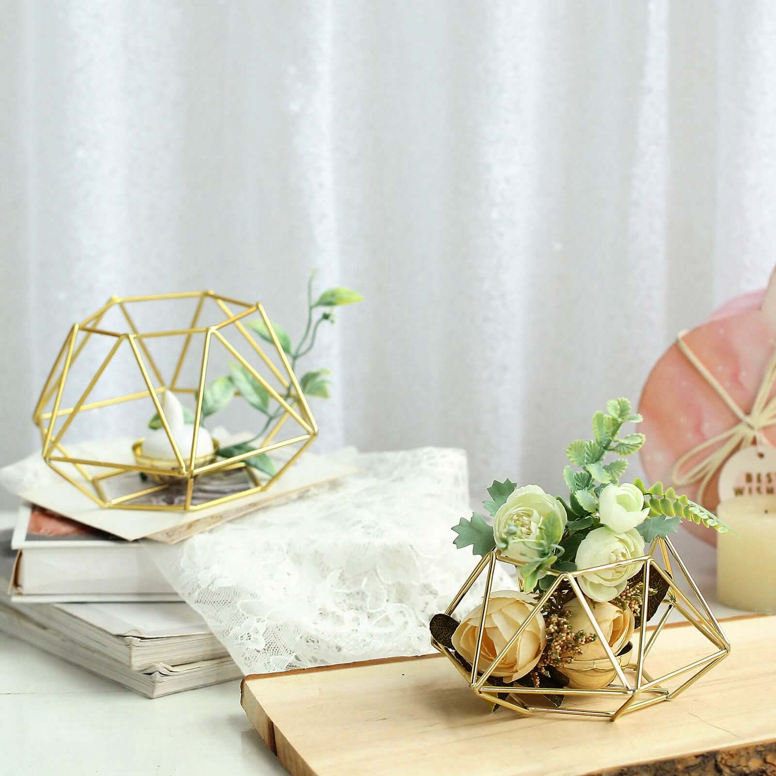 Set of 2 Candle Holders Metal Hexagon Geometric Design Gold - Modern Decorative Centerpieces for Tables 4"x3"