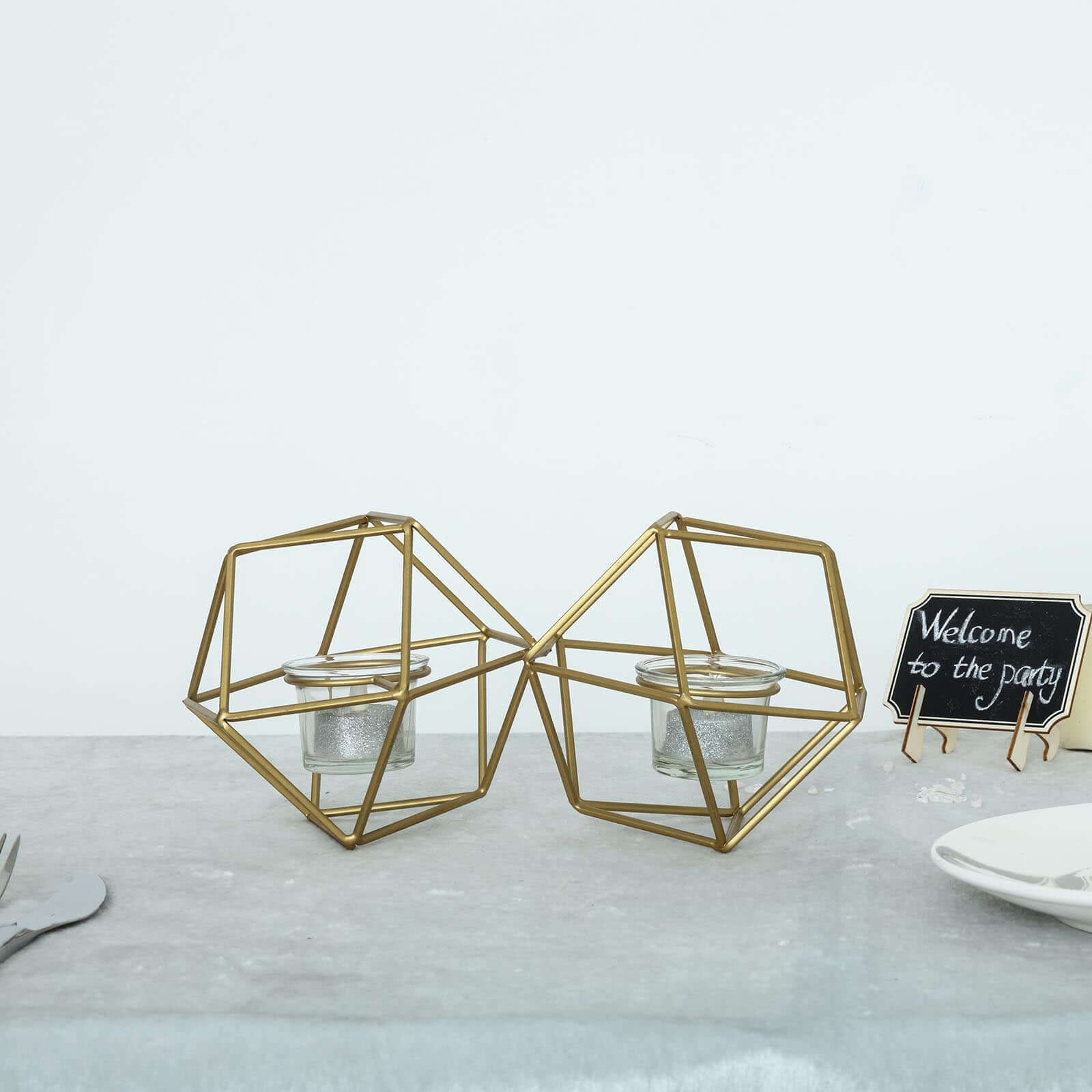 Set of Metal Candle Holders Linked Geometric Design Gold - Modern Table Decor with Votive Glass for Gatherings 11"