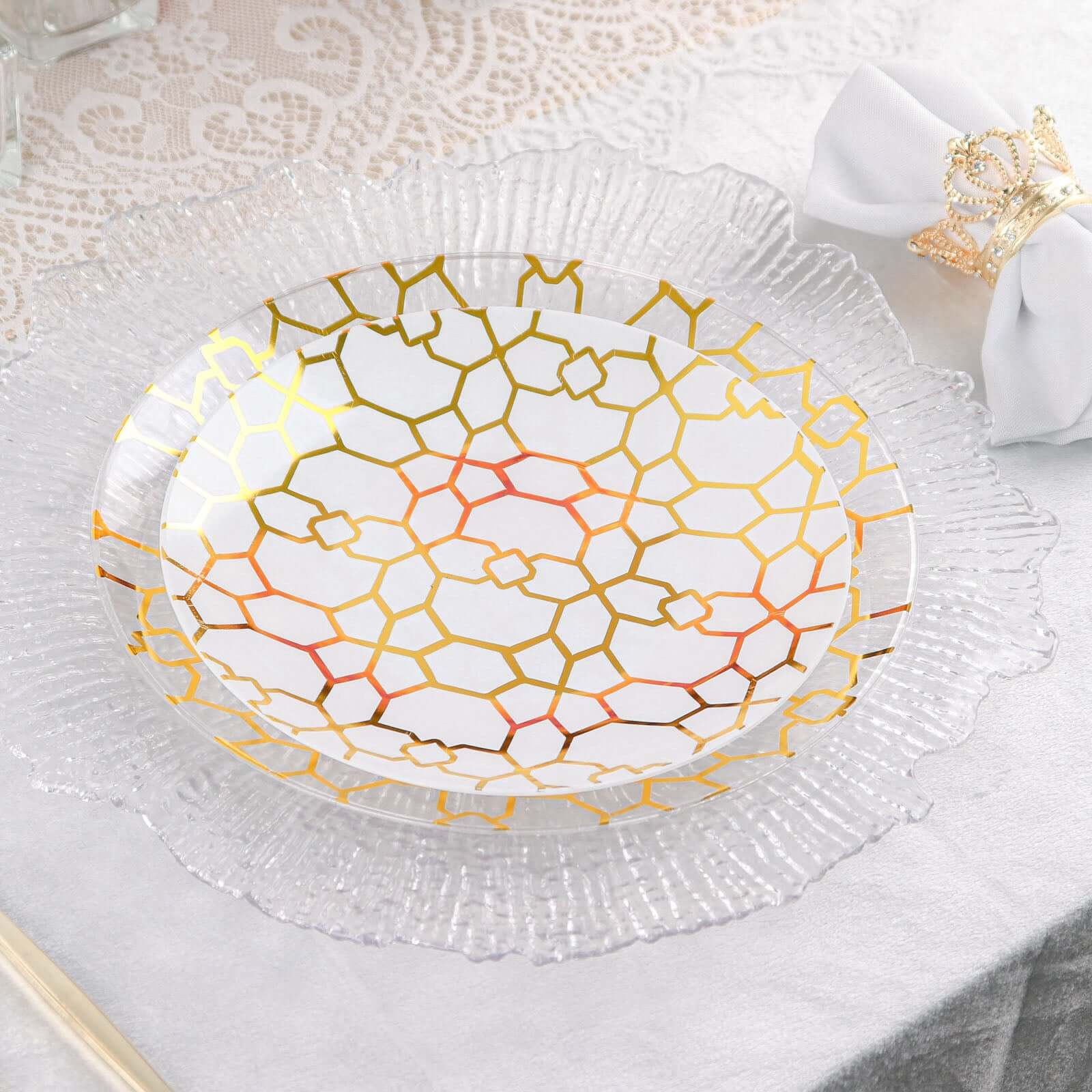 20-Pack Set Plastic Round Dinner and Salad Plates in White & Clear with Geometric Gold Print - Modern Disposable Dinnerware Set for Weddings & Celebrations 9", 7"