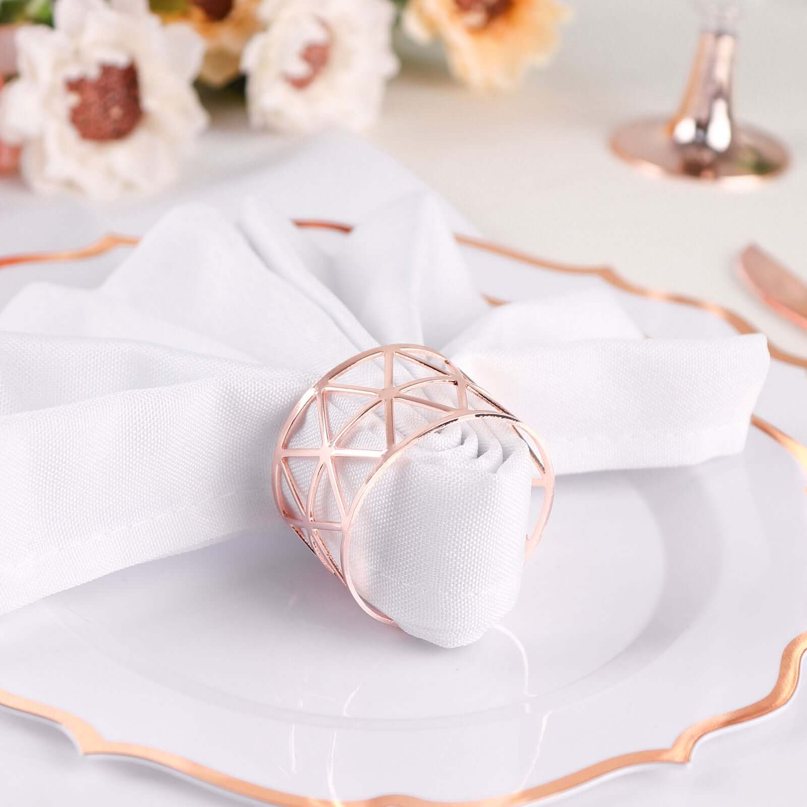 5 Pack Metallic Blush Rose Gold Geometric Napkin Rings, Paper Napkin Holders